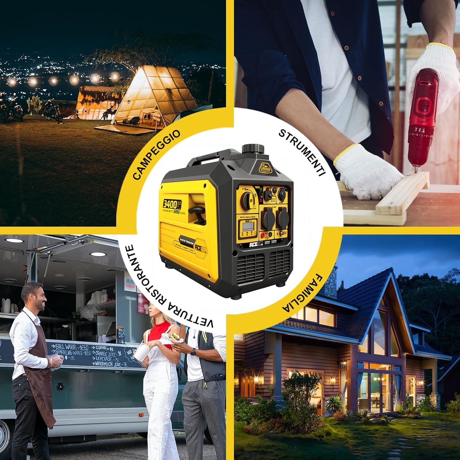 Aceup Energy Agregat Prądotwórczy Inwerterowy 3400W – Czysta Sinusoida, Lekki 23kg, Generator Prądu z Silnikiem 4-Suwowym OHV, USB-C, na Kemping i Awaryjne Zasilanie Domu
