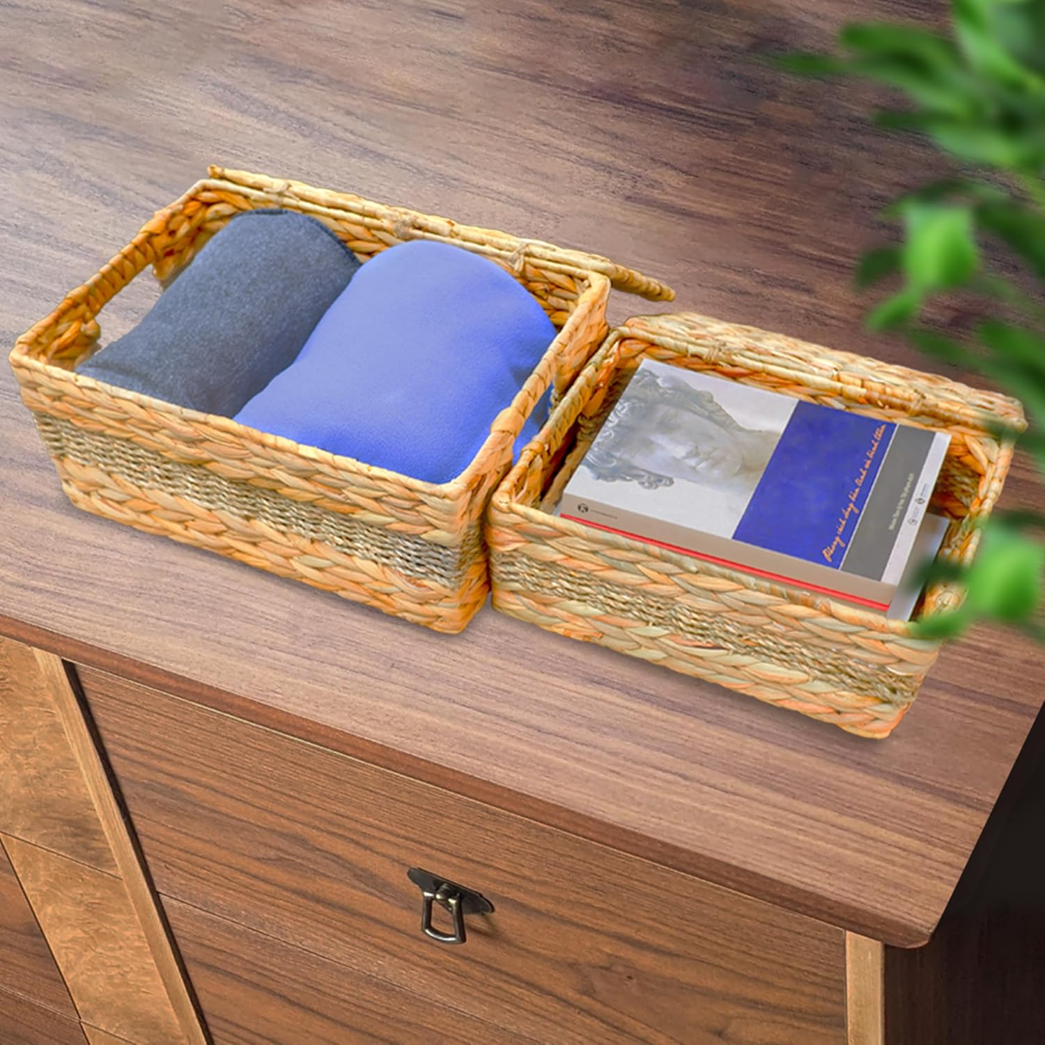 Wicker Storage Baskets with Lids - Set of 3 Rectangular Water Hyacinth Boxes, Natural Decor Organizer, Basket with Top, Multi-Use for Home and Shelf, Hyacinth Decorative Boxes for Effective Storage