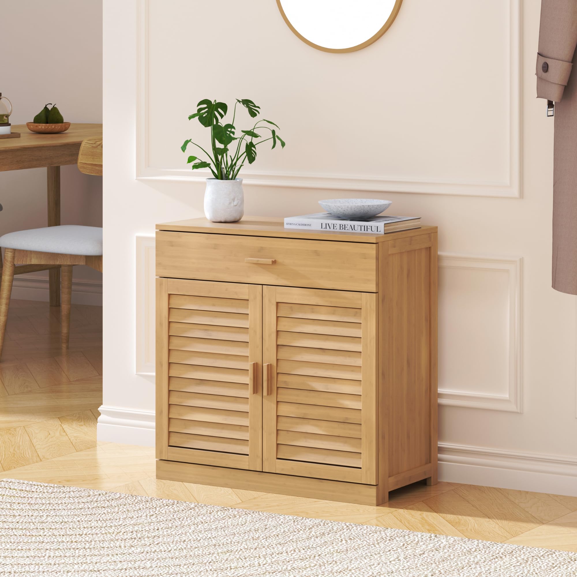 [en.casa] Scarpiera a 2 Ante con Cassetto Mobile Contenitore con 3 Ripiani Armadietto Portascarpe in Bambù Naturale per Ingresso Corridoio Bagno 67 x 66 x 34 cm