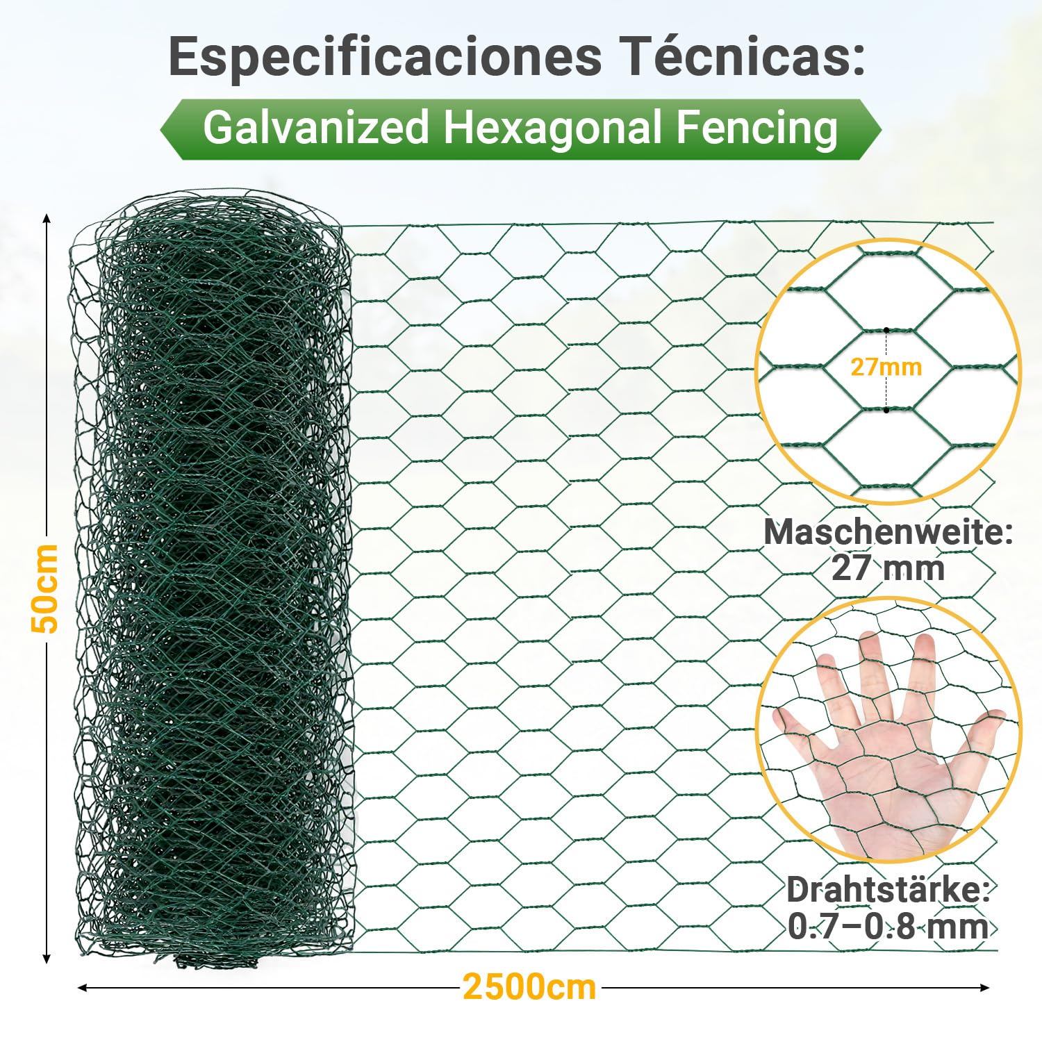 Eulenke Grillage hexagonal galvanisé pour lapin, grillage métallique, grillage hexagonal, largeur des mailles 27 mm, hauteur 50 cm, longueur 25 m, vert
