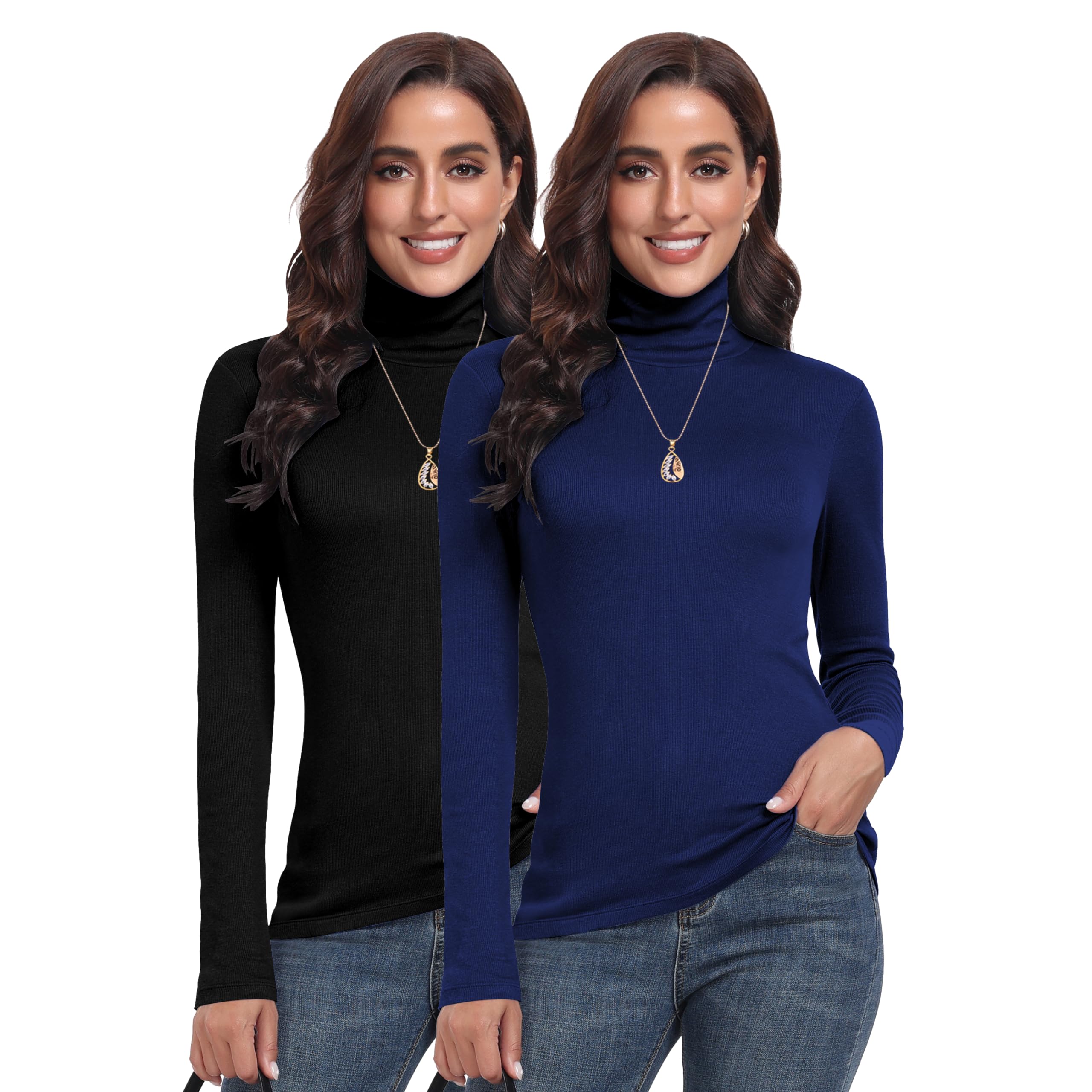 Cotton Ribbed Turtleneck Shirt Women Long Sleeve Turtle Necks Tops Thermal Undershirt 2Packs-image-28