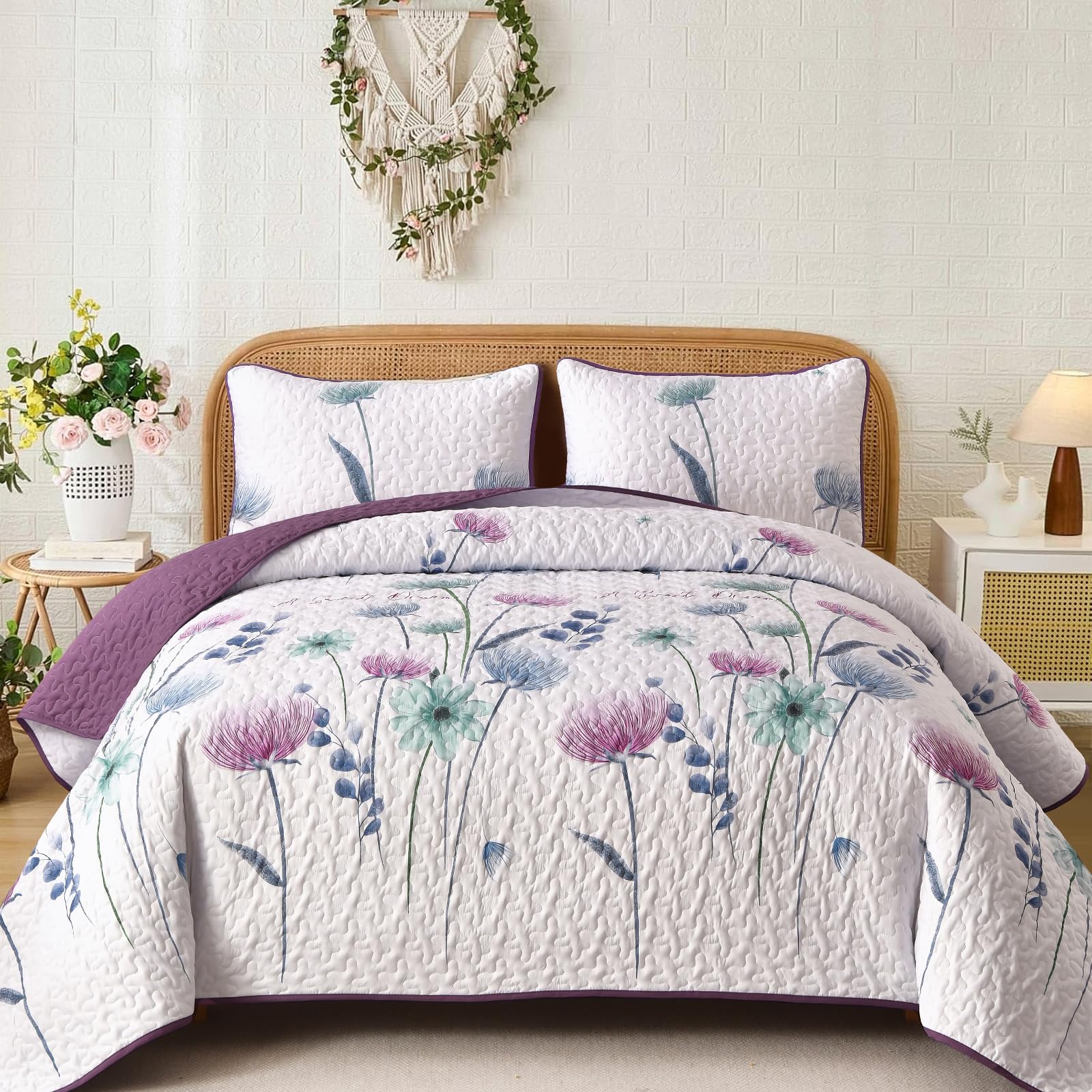 Dinjoy Queen Quilt Set, 3 Pieces Floral Purple Bedspread Coverlet Set