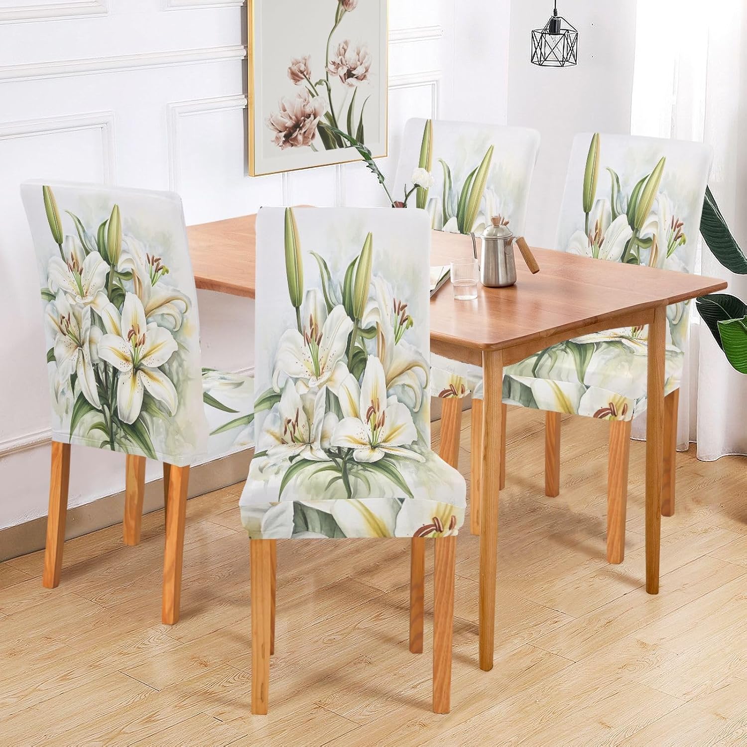 ALAZA Chair Covers for Dining Room, Watercolor A Graceful Collection of White Lily Stretch Chair Cover Sets Chair Protector Removable Washable for Ktichen Restaurant Hotel