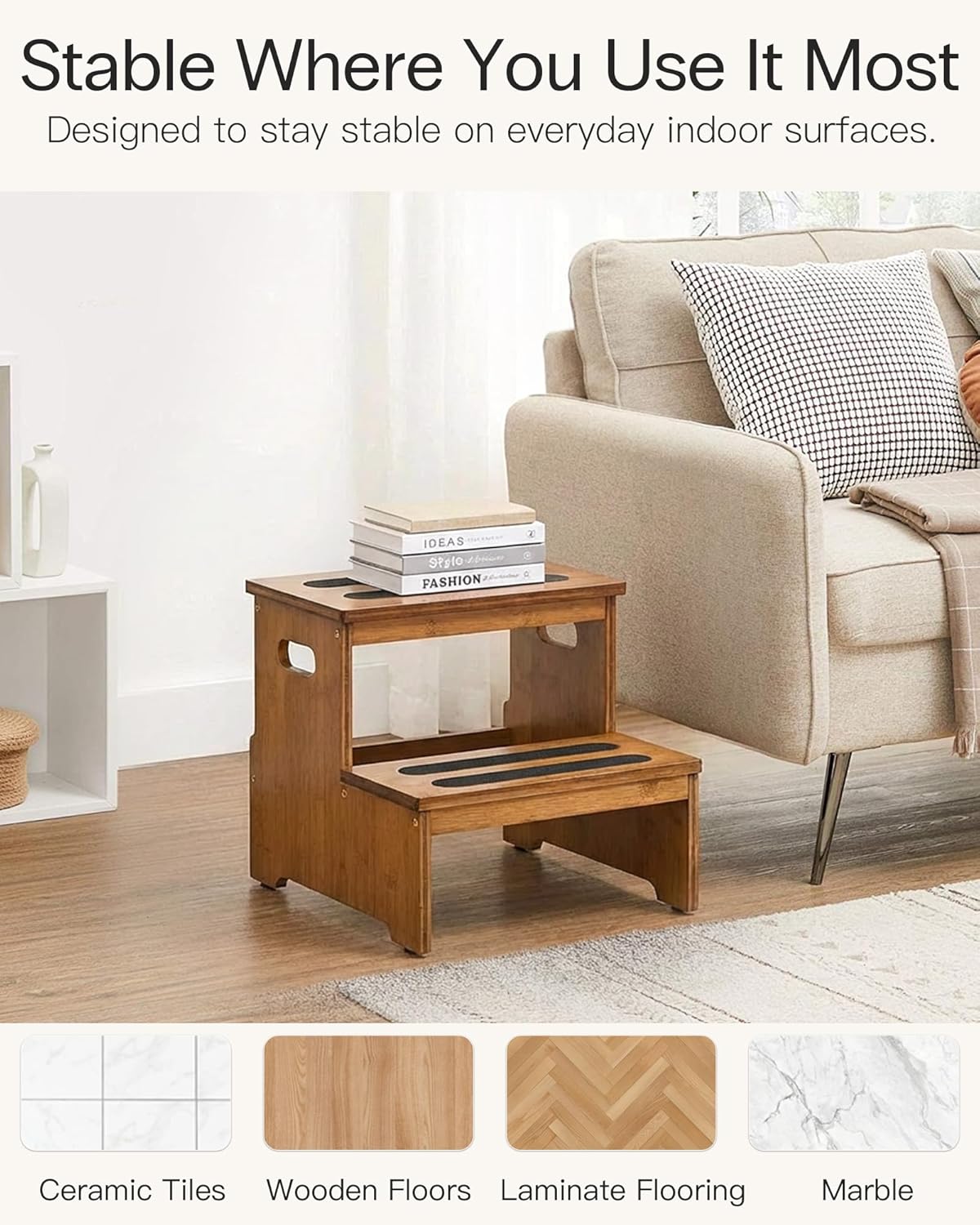 StrongTek Bamboo 2 Step Stool Set for Adults and Kids, Bedside Step Stool and Heavy Duty 13 Inch Step Ladder with Anti-Slip Steps, Non-Slip Feet, Stable Wooden Stools for Kitchen, Bathroom, Bedroom, C