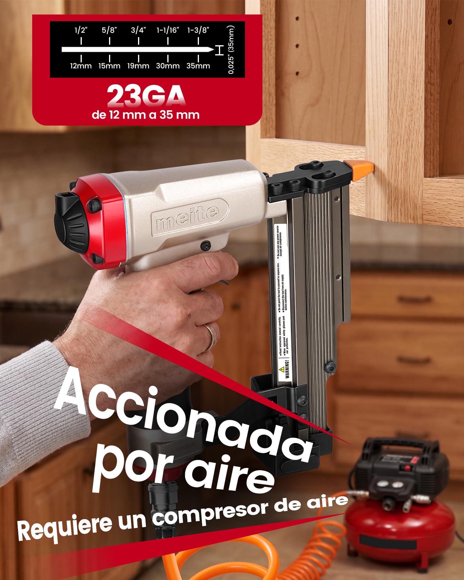 meite MP635B Clavadora Neumática de Clavos 23GA con 10.000 Clavos Pin, Pistola de Púas Neumática 23GA para Clavos Pin de 12-35 mm, Ideal para Molduras Finas, Paneles y Manualidades