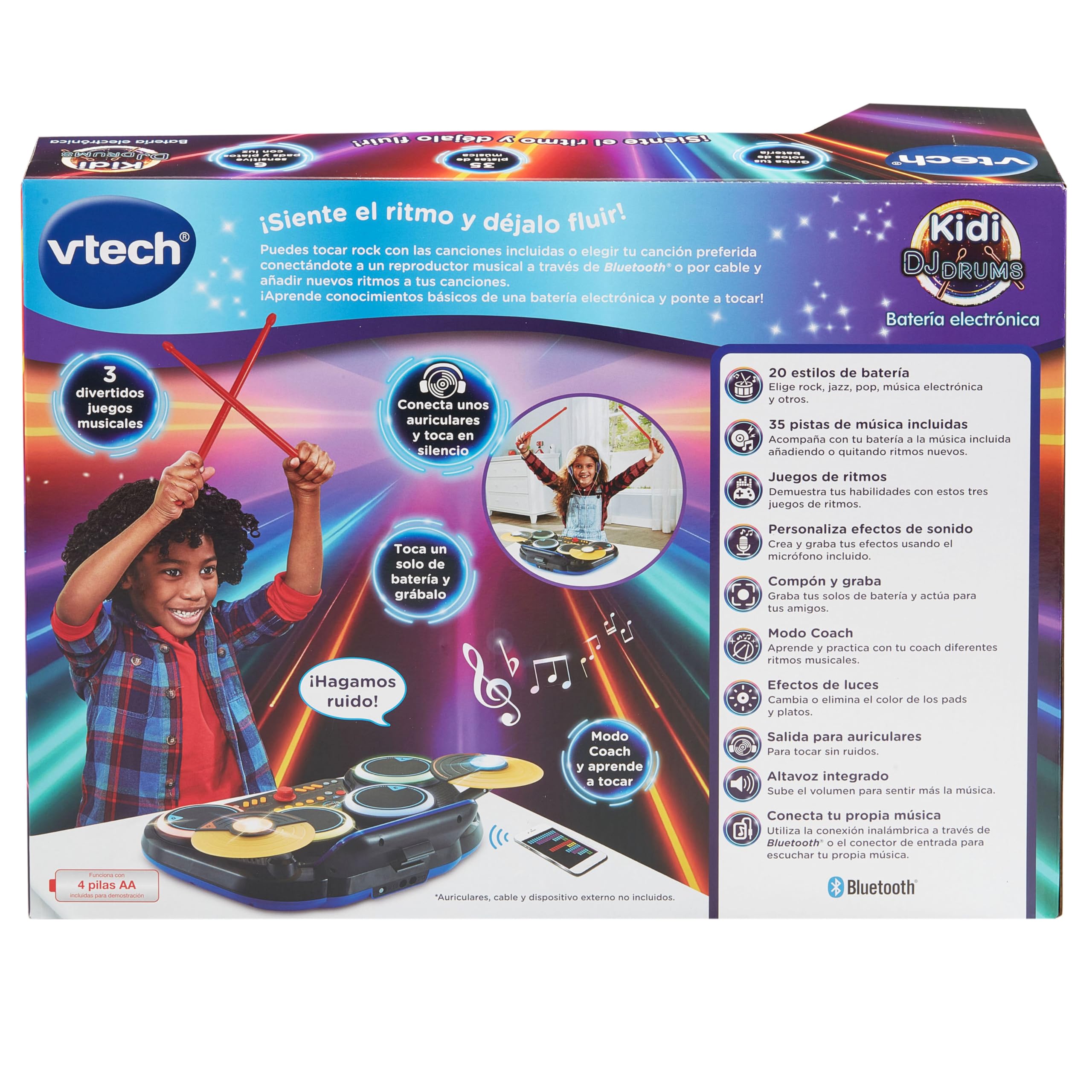 VTech - Kidi DJ Drums, Batería electrónica para niños 10 en 1 con Pads iluminados, platillos, Baquetas, Bluetooth, Aprendizaje y Juegos, Regalo niños +6 años, Versión en Español