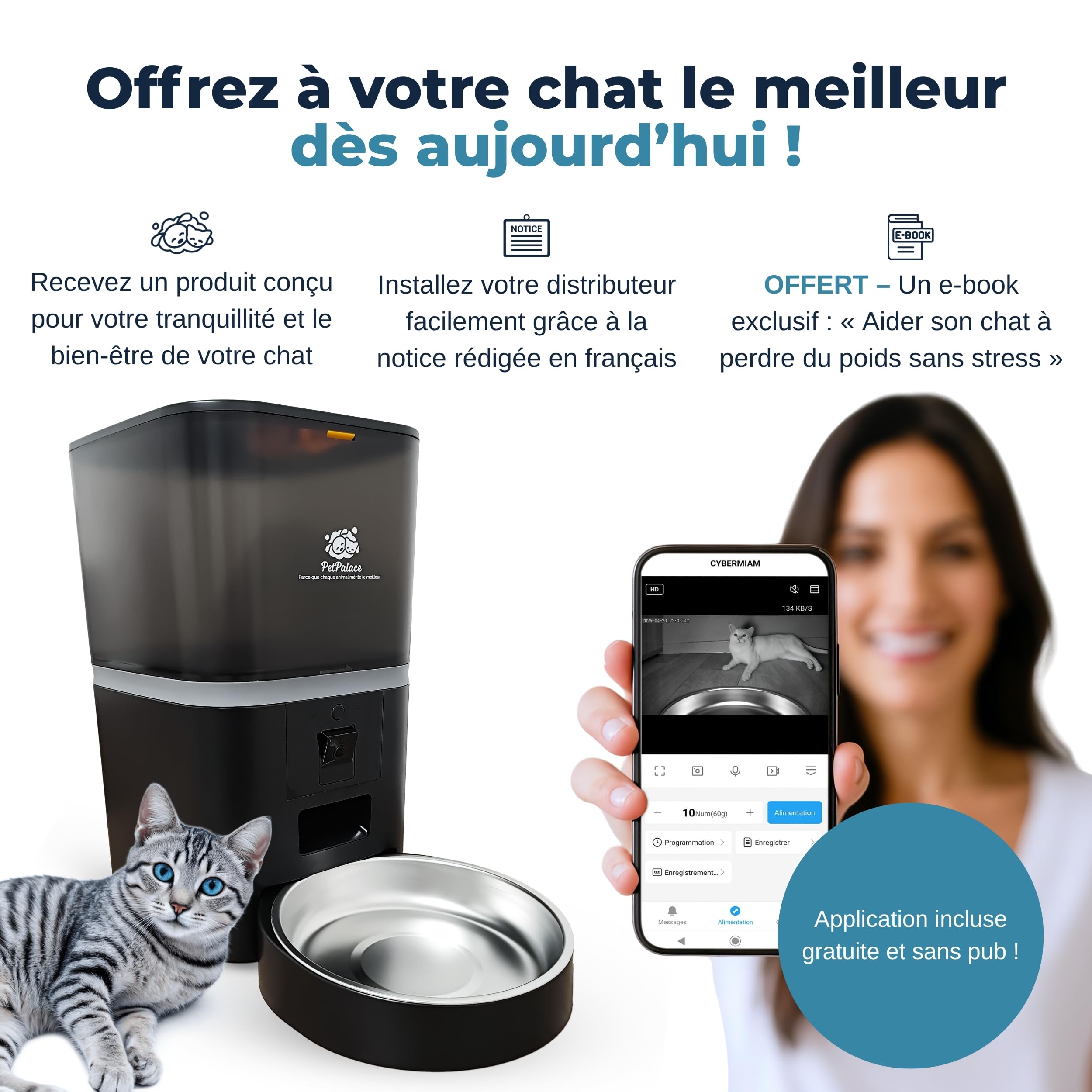 Distributore di Crocchette per Gatti Automatico con Fotocamera – Controlla a Distanza i Pasti e Sorveglia il Tuo Gatto – Ciotola Intelligente Connessa – Serenità e Collegamento, Anche in Tua Assenza