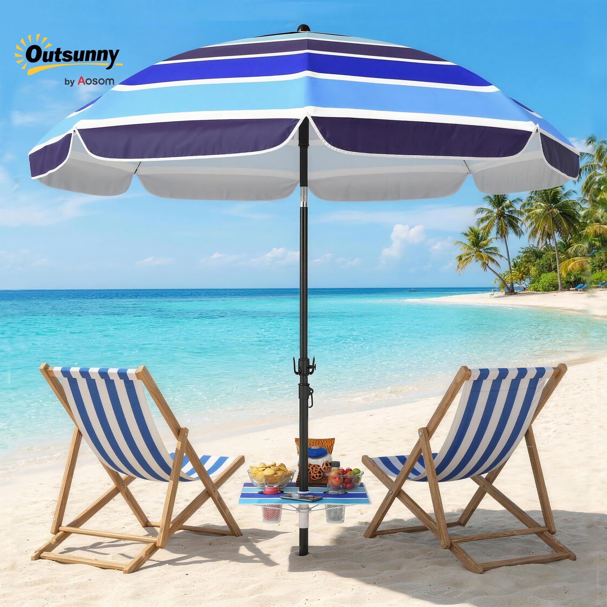 Outsunny Sonnenschirm Strand Ø198 cm UV30+ Strandschirm mit klappbar Tisch Getränkehalter verstellbarer Neigung Balkon-Schirm mit Tragetasche Haken Gartenschirm für Reisen Strand Camping Mehrfarbig