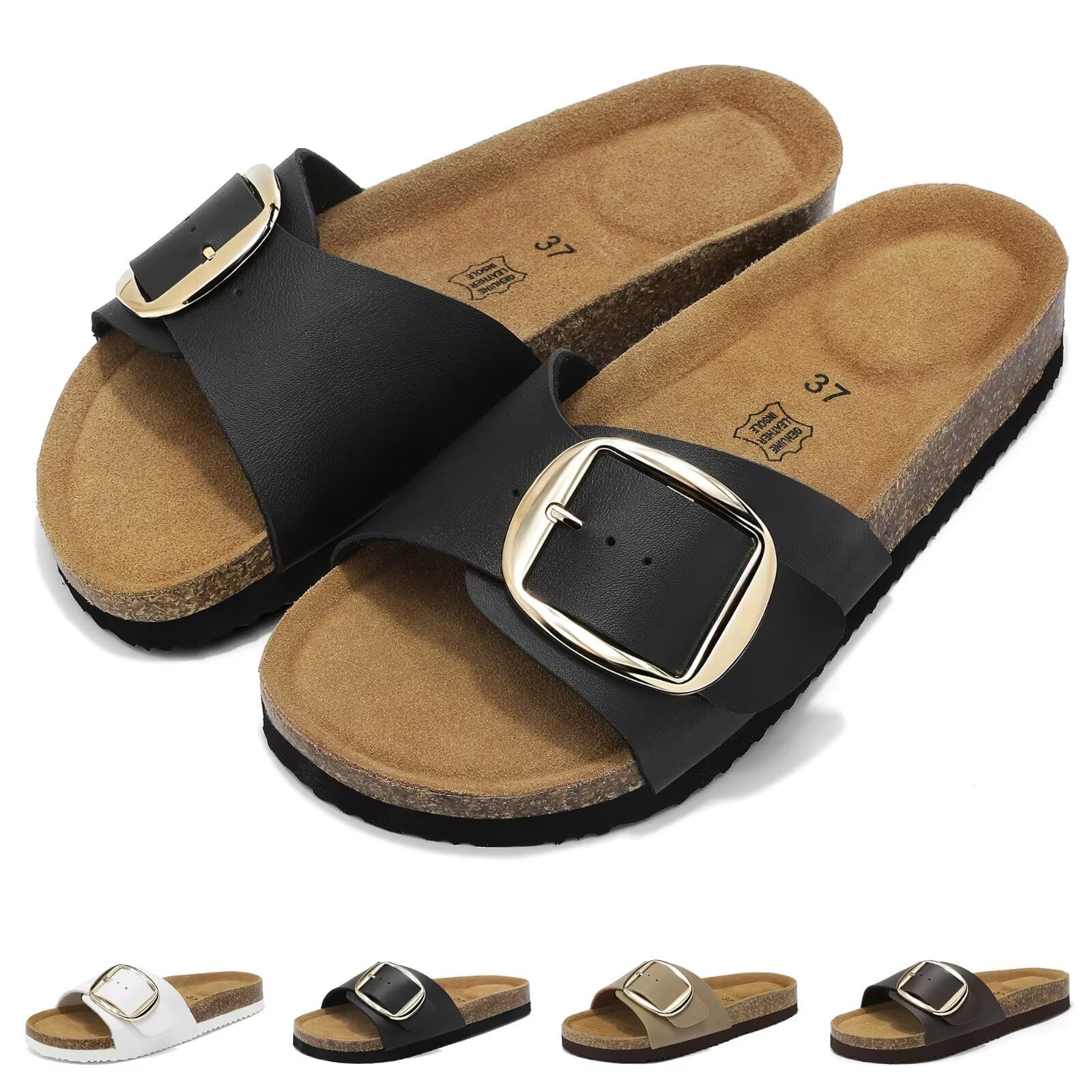 Wizshoe Pantoletten Damen Leder Sandalen mit Korkfußbett Sommer Hausschuhe Offen Latschen rutschfest Sandals Verstellbare Schnalle Hausschlappen Flache Mules Slides Schwarz 38EU