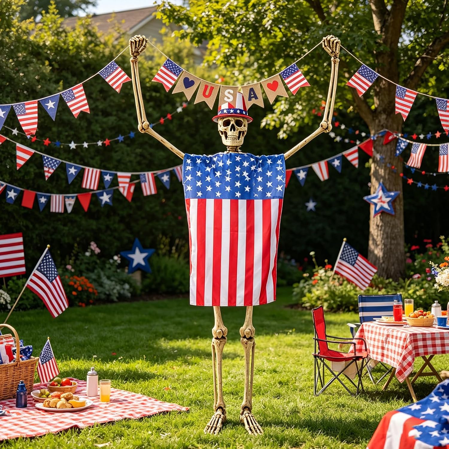 3PCS 12 Ft Skeleton Patriotic Outfits Accessories 4th of July Skeleton Costume Hat, Vest, USA Flag Banner Skelly Outfit Set Giant Skeleton Clothes for Garden Lawn Decor Independence Day Celebration