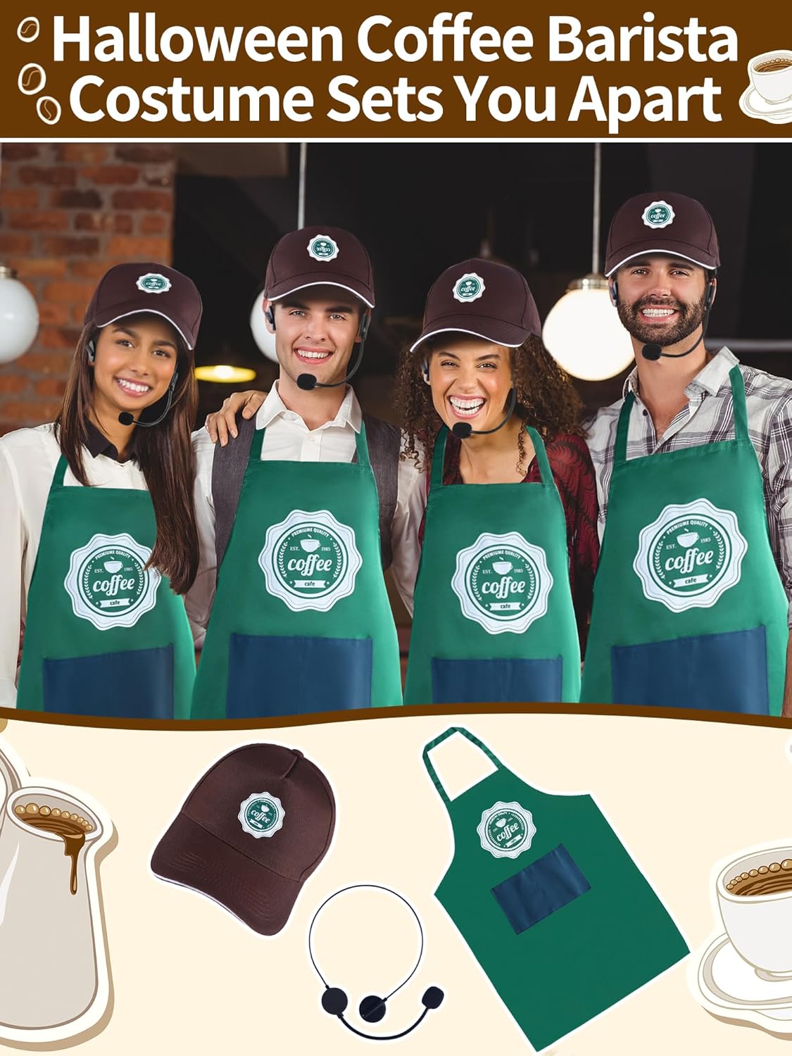 Halloween Barista Costume for Couples Of Green Apron Cap and Microphone Café Attendant Uniforms Coffee Maker Outfit