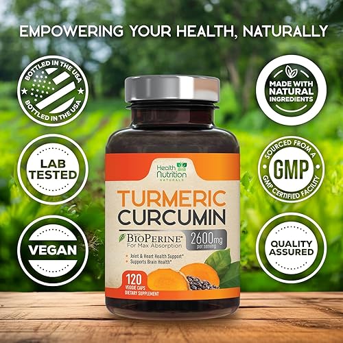 Miniatura 4 de Health Nutrition - Curcumina de cúrcuma con bioperina 95% curcuminoides 2600 mg con pimienta negra para una mejor absorción, apoyo inmunológico