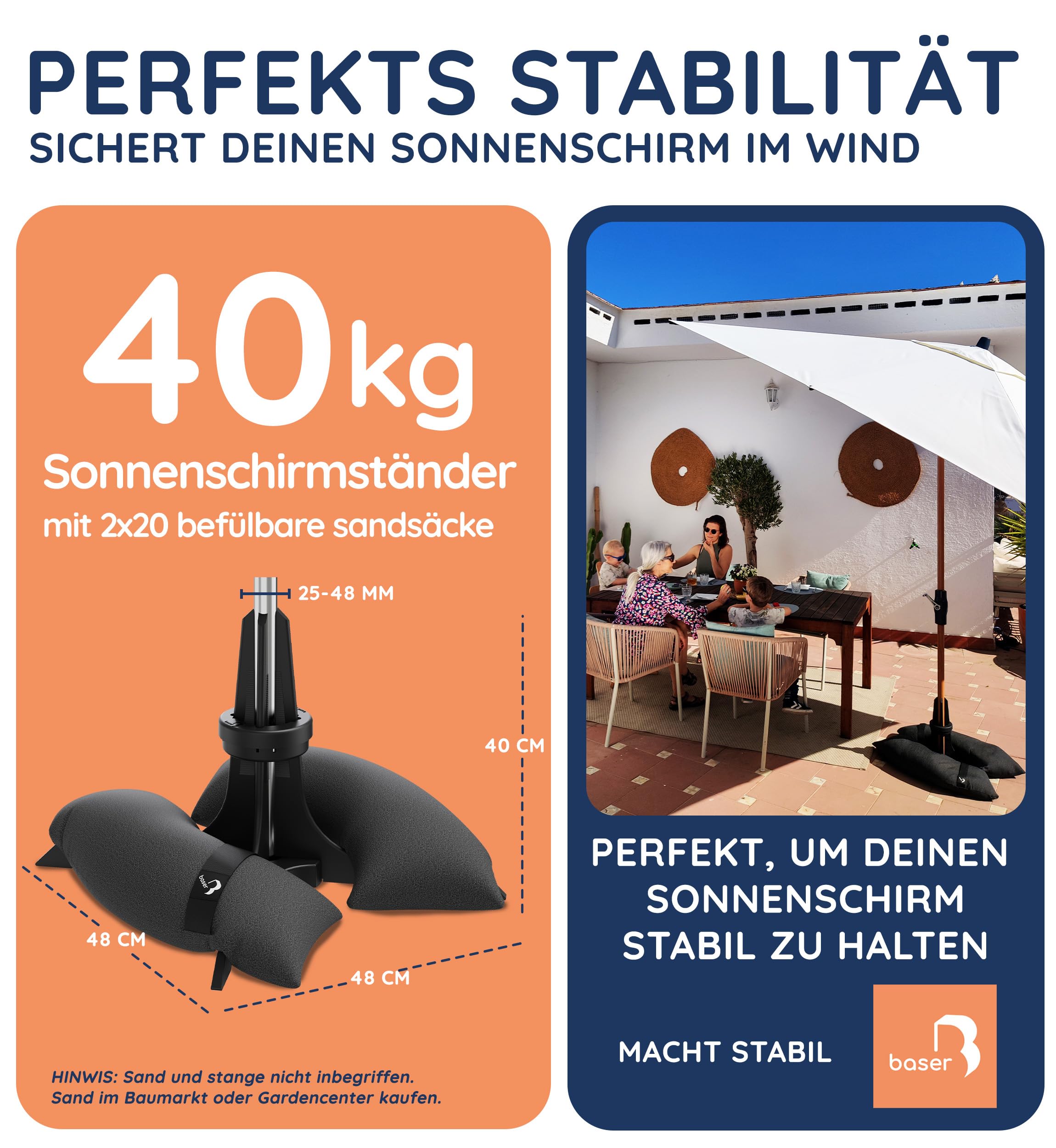 Baser Pied de Parasol avec Sacs de Sable, Base pour Parasol de Jardin Exterieur jusqu'à 3m, Support Lestés 40kg pour Mât 25-48mm, Noir | Support Parasol De Jardin, Base A Remplir De Sable, Fabrique Au Danemark En Materiaux Recycles, Jusqu'a 3 m, Noir, 40