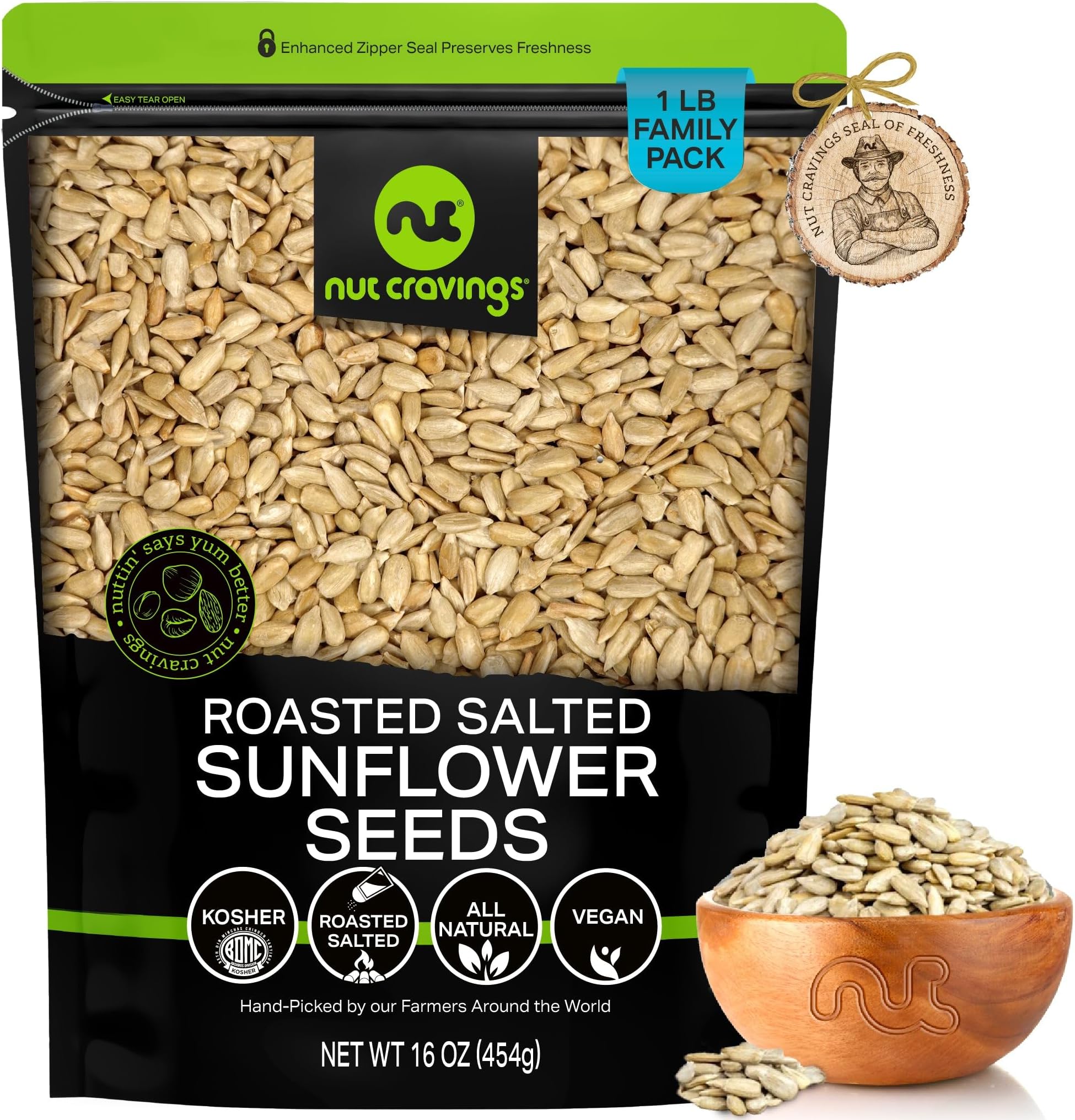 NUT CRAVINGS - Roasted Salted Sunflower Seeds Kernels to eat, No Shell Hulled (16oz - 1 LB) Packed Fresh in Resealable Bag - Healthy Protein Food Snack, Food Assortments