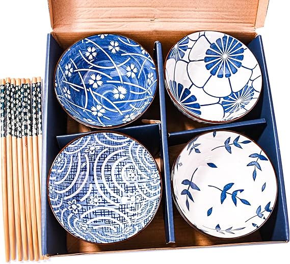 Amazon.com: LMRLCS Japanese Rice Bowls and Chopstick Set of 4 with ...