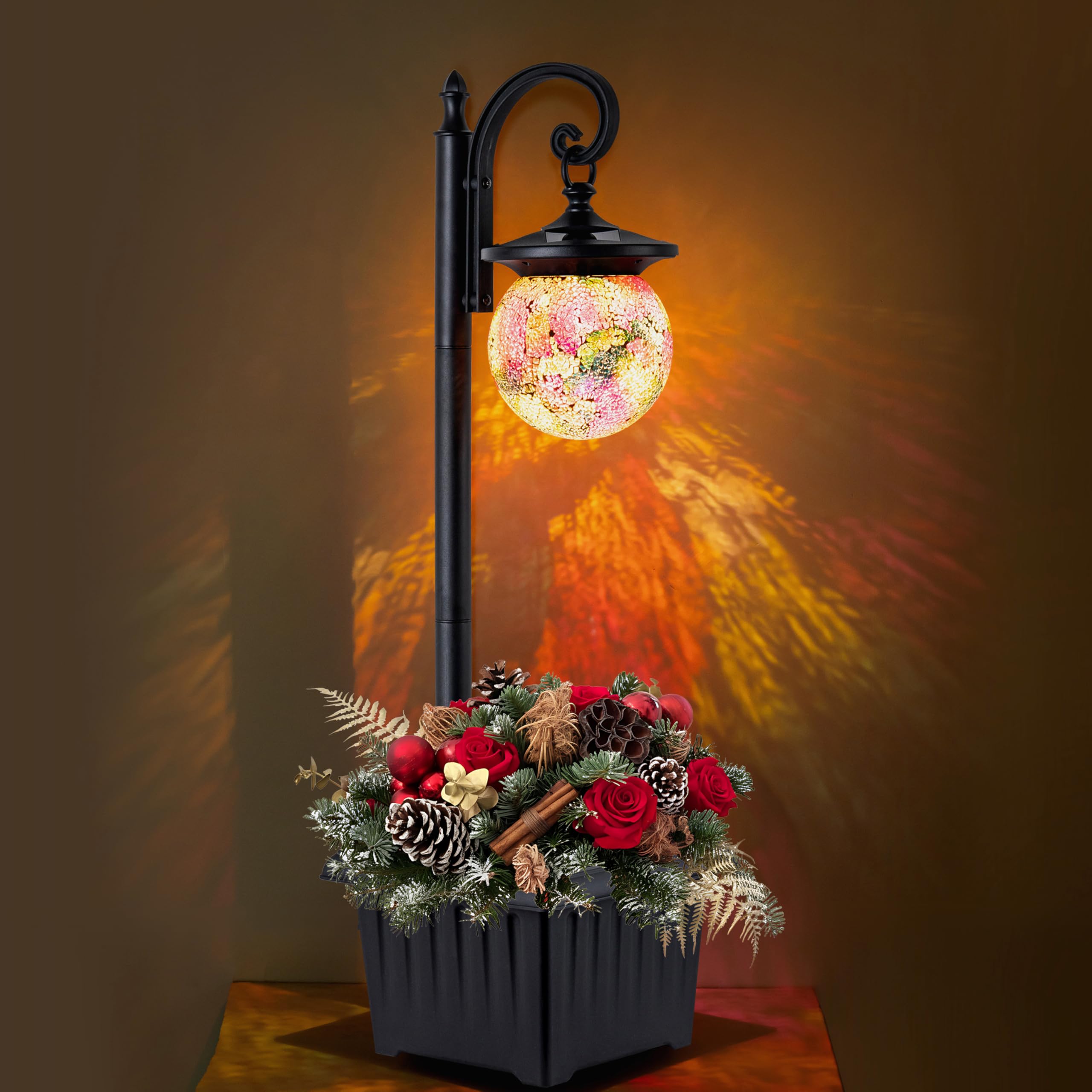 Solar Lamp Post Light with Planter Matte Black Outdoor Flower Pots with Mosaic Glass 2 in 1 Waterproof