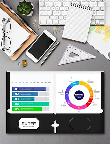 Miniatura 5 de SUNEE Carpetas con 3 agujeros perforados (paquete de 50 unidades, negras), carpetas de 2 bolsillos para papel tamaño carta, carpeta de archivos de