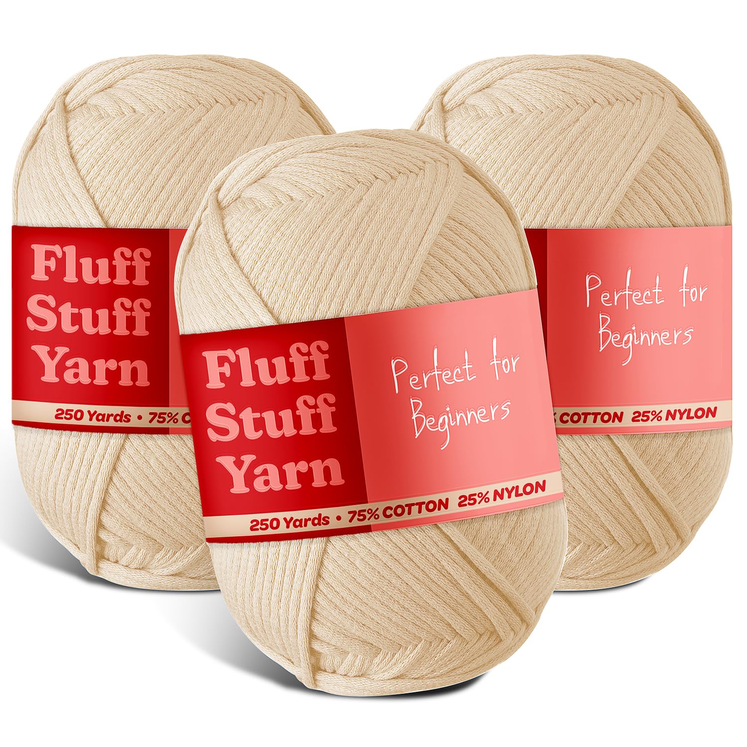 Soft Yarn – Crochet &amp; Knitting Yarn, Beginner Yarn with Easy-to-See Stitches, 3 Pack of 250 Yds Amigurumi Yarn, Cotton-Nylon Blend Tshirt Yarn, Worsted Weight Yarn 4, Beige Yarn