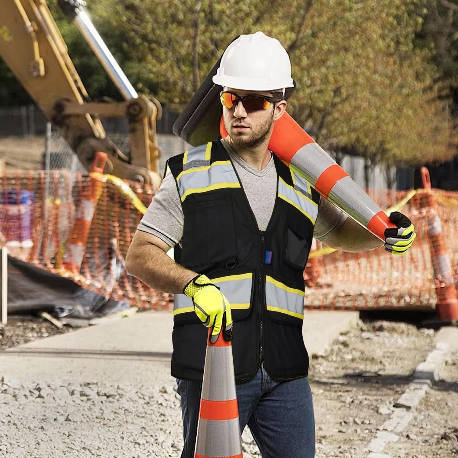 A-SAFETY High Vis Reflective Safety Vest for Men Women Zipper Ipad Pockets Mesh Construction Apparel Neon Vest for Work - Image 4