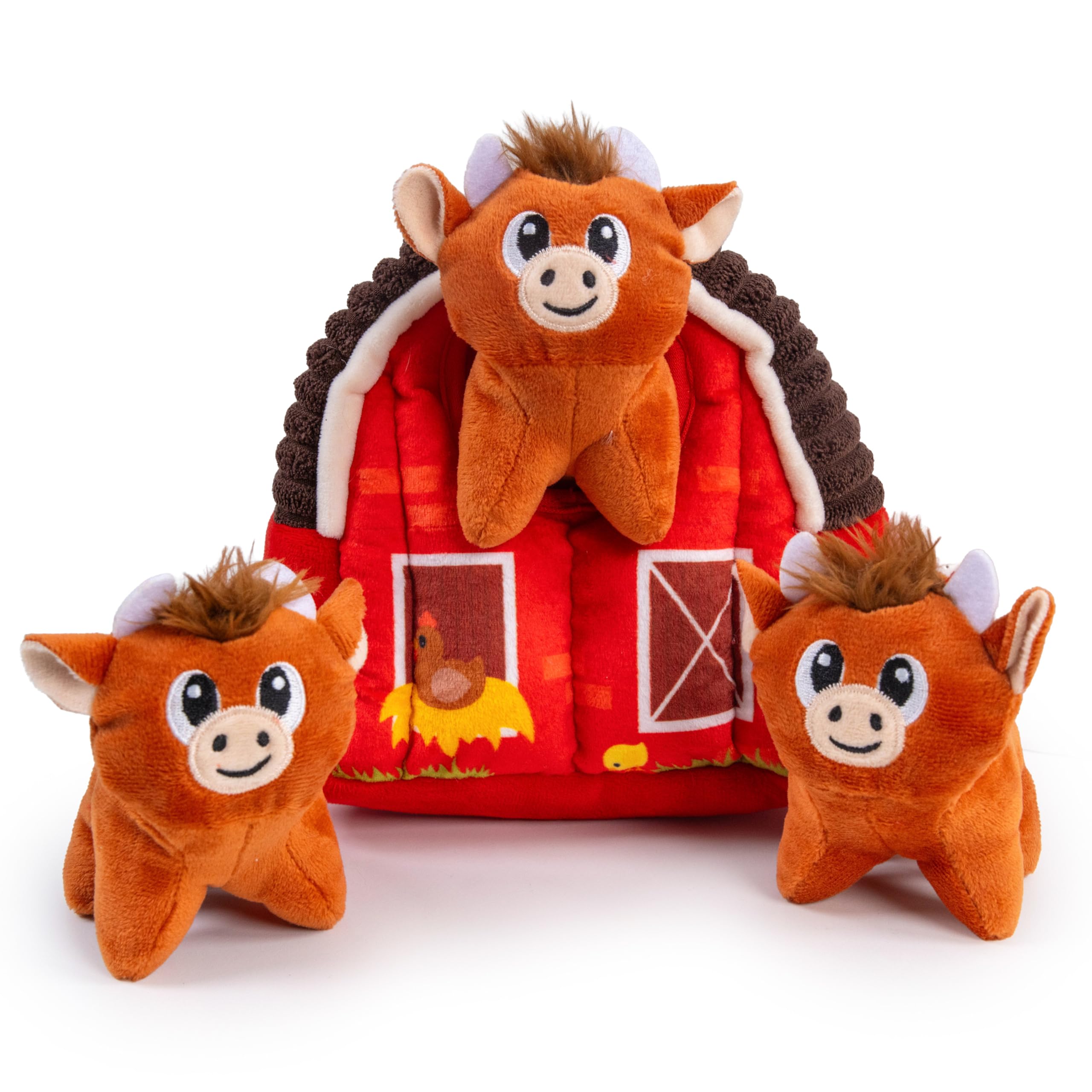 Outward Hound Hide-A-Cow Dog Toy, 2-in-1 Interactive Hide &amp; Seek Plush Puzzle with Barn &amp; 3 Squeaky Highland Cows