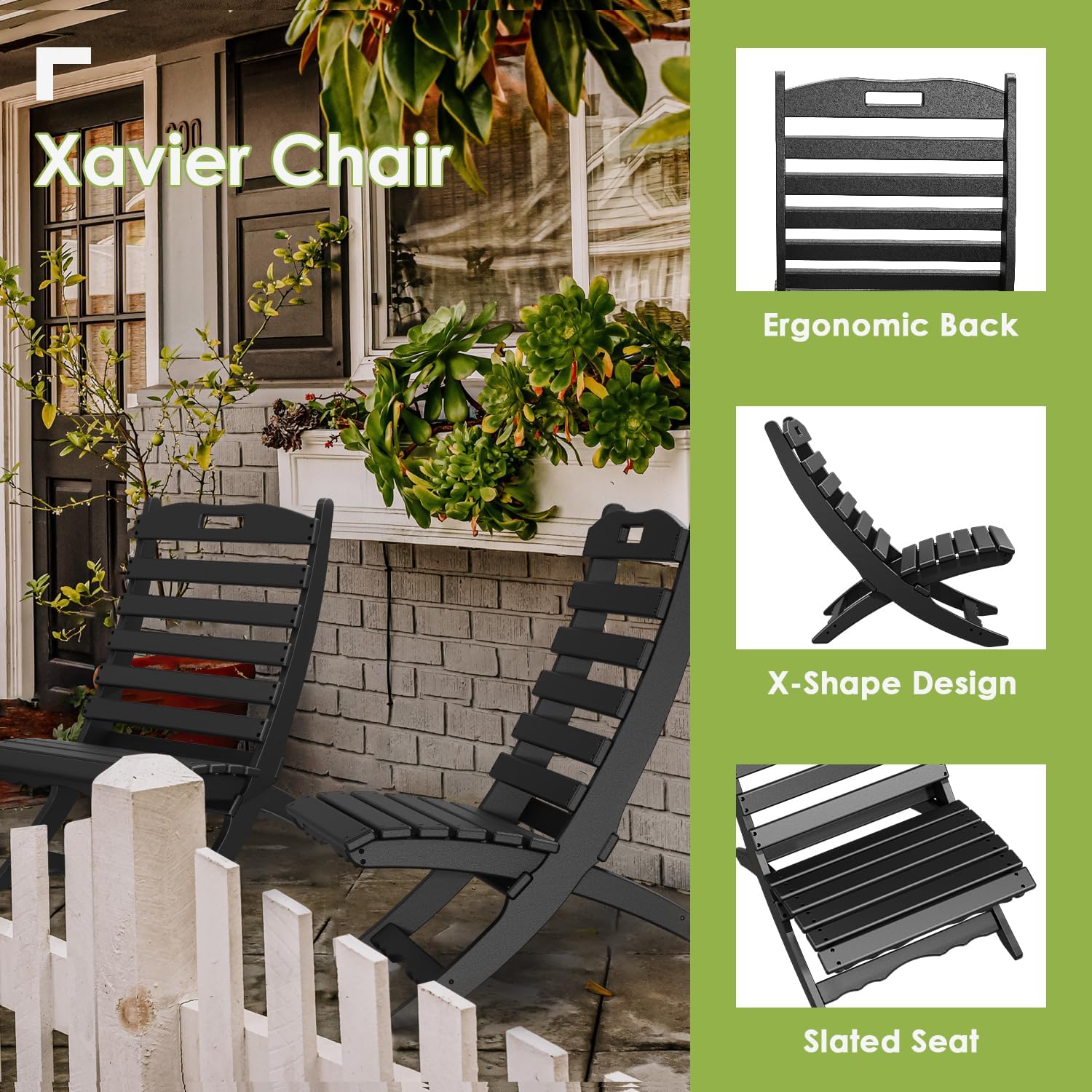 GREENVINES Folding-Xavier-Chair | Wave | Portable Adirondack-Chairs | HDPE Plastic | All Weather Fire-Pit Chair | Black | for Beach Outdoor Deck Poolside Garden Patio Porch Fishing
