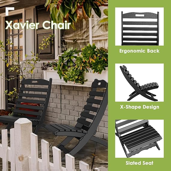 GREENVINES Folding-Xavier-Adirondack-Chairs Set of 2, HDPE Plastic, Black