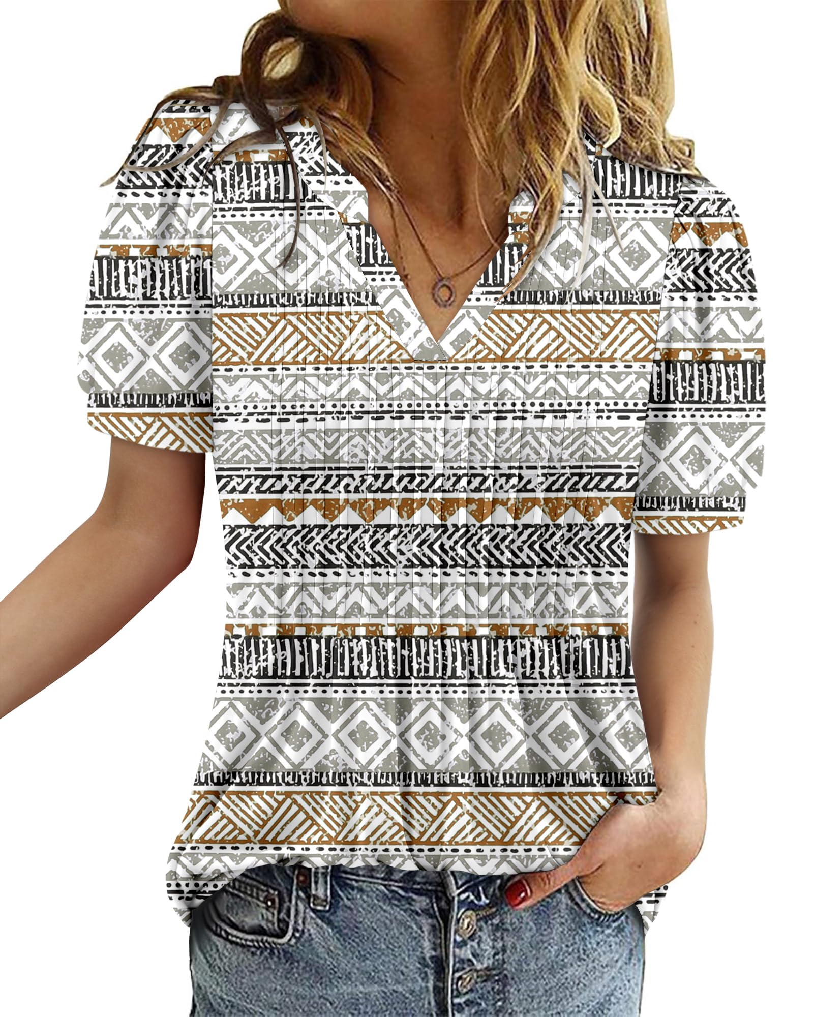 onlypuff Womens V Neck Pleated Tunic Tops Short Sleeve T-Shirt Summer Blouse Shirts S-3XL