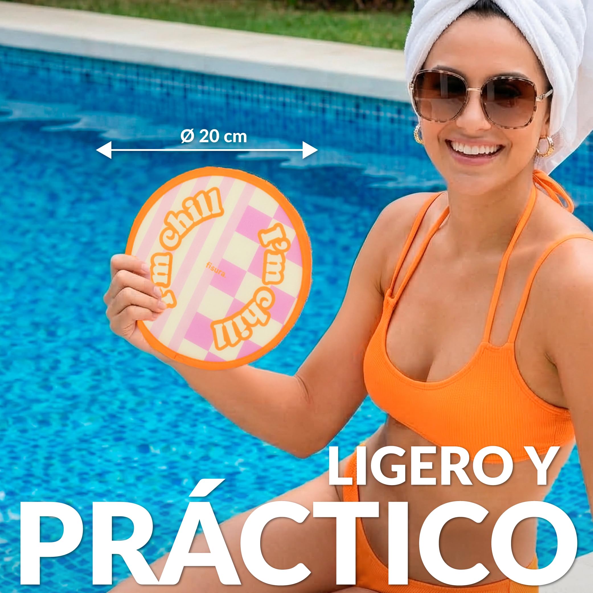 Fisura – Abanico redondo plegable. Ventilador de mano plegable original. Frisbee divertido. 1 unidad. Abanico portátil para fiestas. 20 cm. (Chill, naranja)