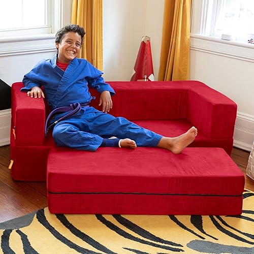 Jaxx Sofá con cremallera y sofá otomano grande 3 en 1, edición para niños grandes, cereza (17454)