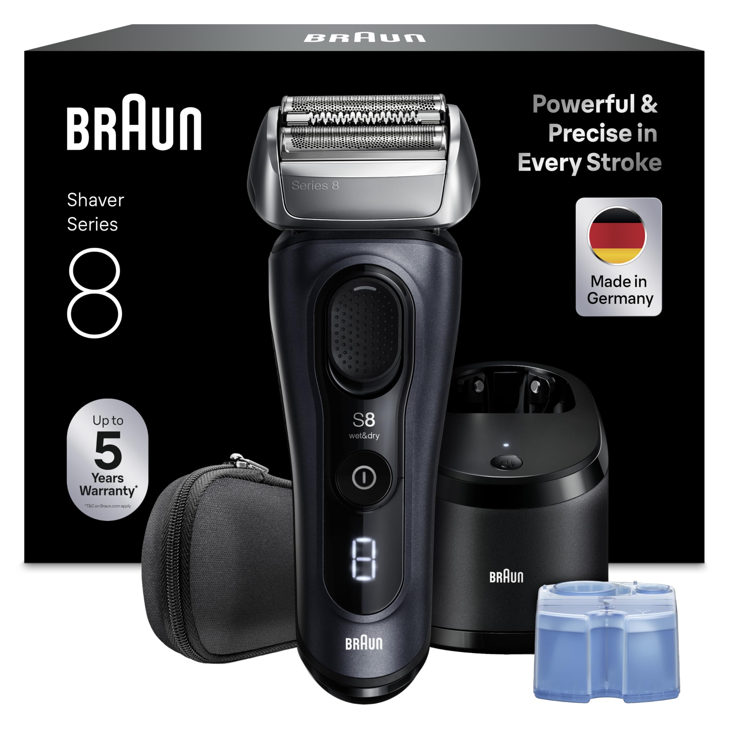 Braun Afeitadora Eléctrica Hombre Series 8, Máquina de Afeitar Barba en Seco Y en Mojado con Cabezal de Precisión Y Recortadora, 60 Min de Uso, Centro de Limpieza, Estuche de Viaje, 8663CC, Gris
