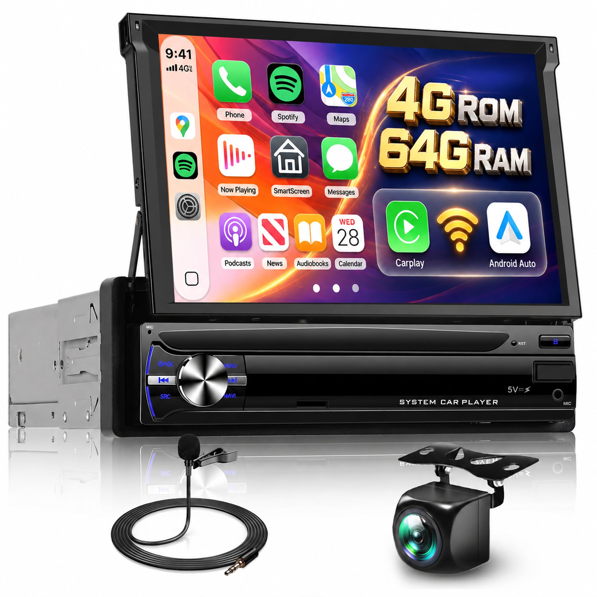 Hodozzy 4G+64GB Radio Coche 1 DIN Android con CarPlay Android Auto Inalámbrico, Pantalla Táctil HD de 7 Pulgadas Retráctil Pantalla 1 DIN con Bluetooth GPS WiFi Mirrorlink FM/RDS Radio USB/AUX Cámara