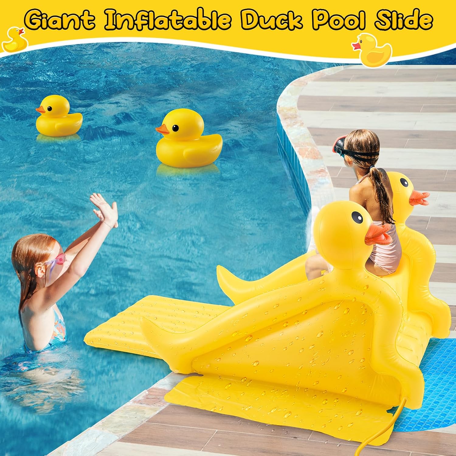 98 Inch Giant Inflatable Duck Pool Slide, Large Water Slide Above Ground for Kids and Adults, Summer Swimming Pool Party Supplies for Backyard, Kids Birthday Party, Family Game