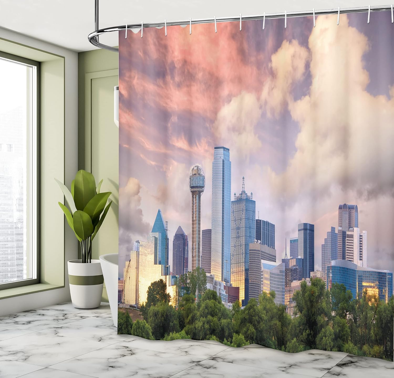 Ambesonne United States Shower Curtain, Dallas City Skyline at Sunset Clouds Texas Highrise Skyscrapers Landmark, Cloth Fabric Bathroom Decor Set with Hooks, 69" W x 75" L, Multicolor