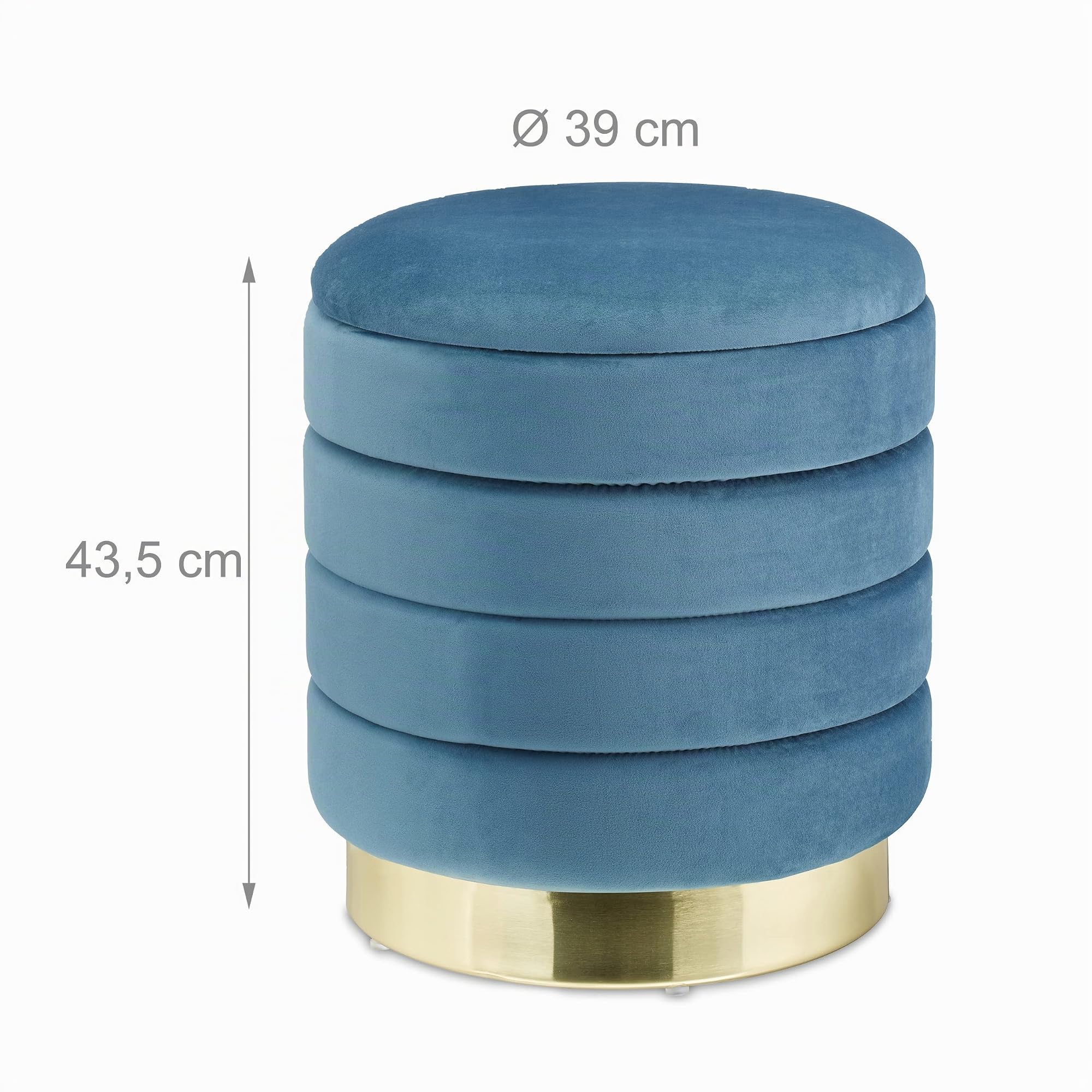 Relaxdays Pouf Contenitore Rotondo, Sgabello Poggiapiedi Imbottito, in Stoffa di Velluto, 43,5x39 cm, Turchese e Dorato