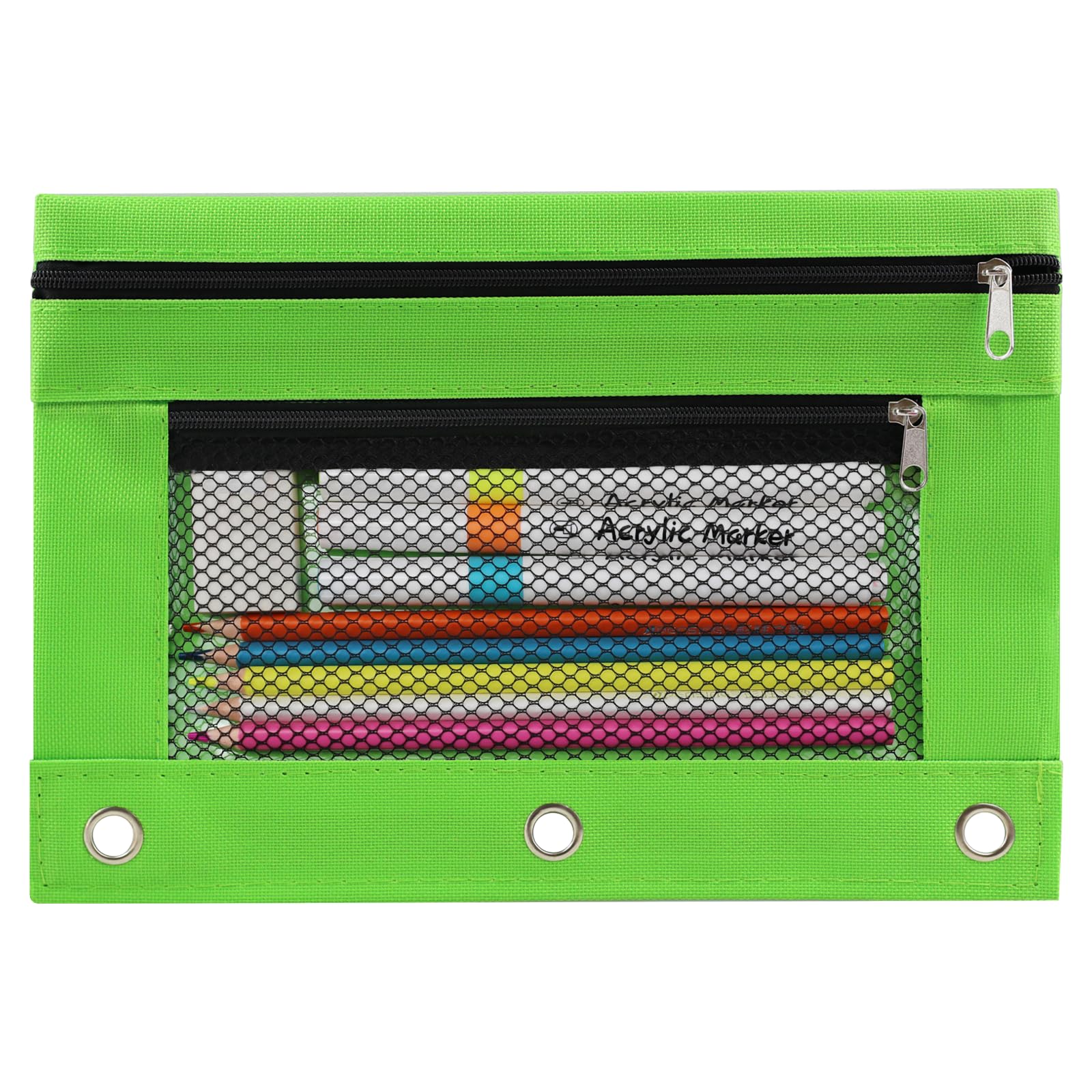3 Ring Pencil Pouch for Binder, 2-Pocket Zipper Pencil Case with Clear Window &amp; Mesh Pocket, 600D Oxford Fabric Binder Pouch for School Office Supplies, Fits Standard 3-Ring Binders, Green