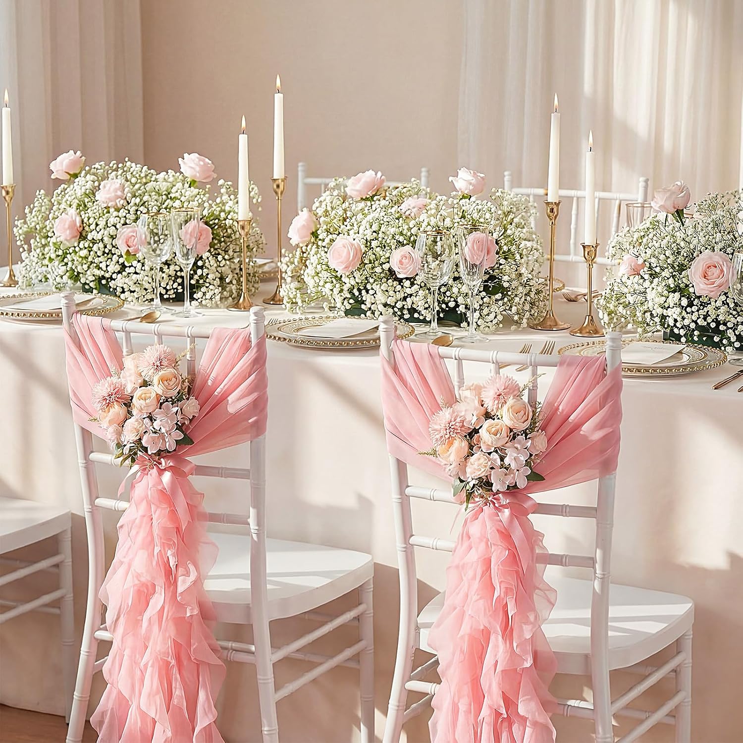 Moukeren 12 Packs Wedding Chair Sashes Aisle Decoration Church Pew Decorations for Wedding Tulle Tutu Chair Covers with Artificial Flowers Ribbon for Ceremony Bridal Party Baby Shower Banquet(Pink)