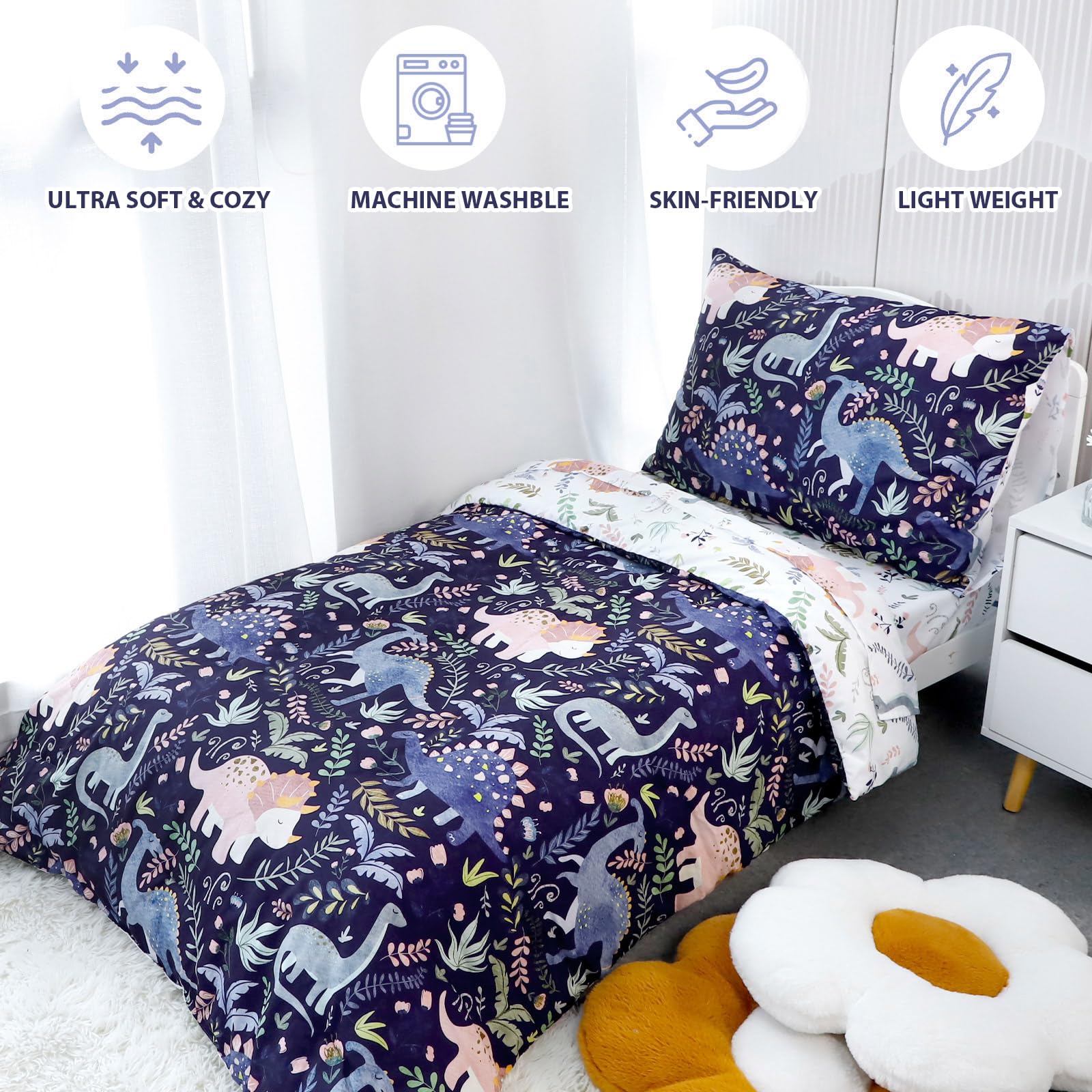 Pea Pod Parure de lit 4 pièces avec motif dinosaure pour garçon, parure de lit pour enfant de qualité supérieure comprenant un drap plat, un drap-housse, une couette, une taie d'oreiller enveloppe,