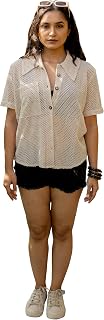 magari Women's Crochet Stripes Printed Drop Shoulder Loose Fit Shirt Coverup, Resort Vacation Wear Price In India