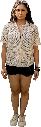 magari Women's Crochet Stripes Printed Drop Shoulder Loose Fit Shirt Coverup, Resort Vacation Wear