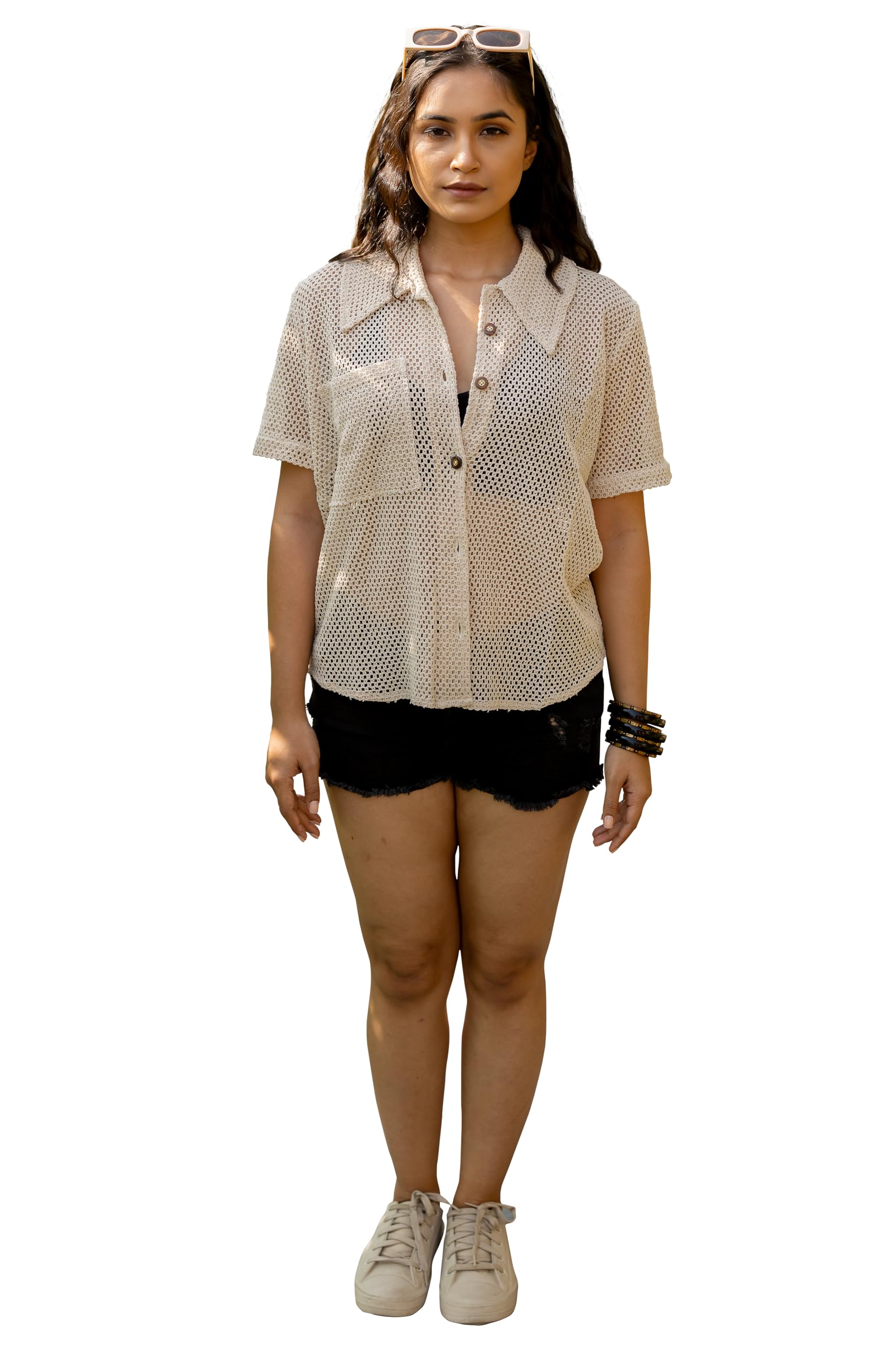 Women's Crochet Stripes Printed Drop Shoulder Loose Fit Shirt Coverup, Resort Vacation Wear