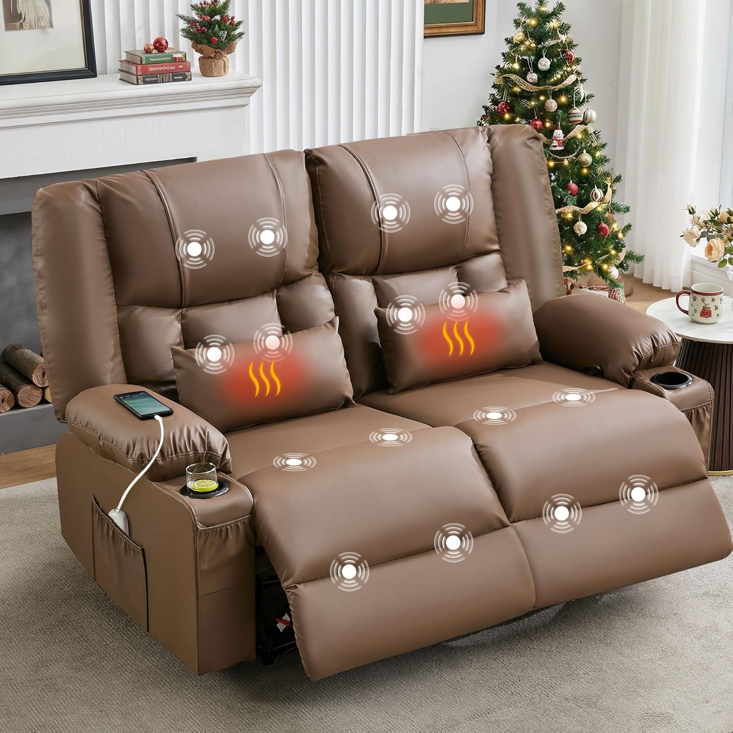 MAHOMICO Oversized Recliner Loveseat with Massage, Heating, Cup Holders & 2 USB Ports - Manual Recline for Couples