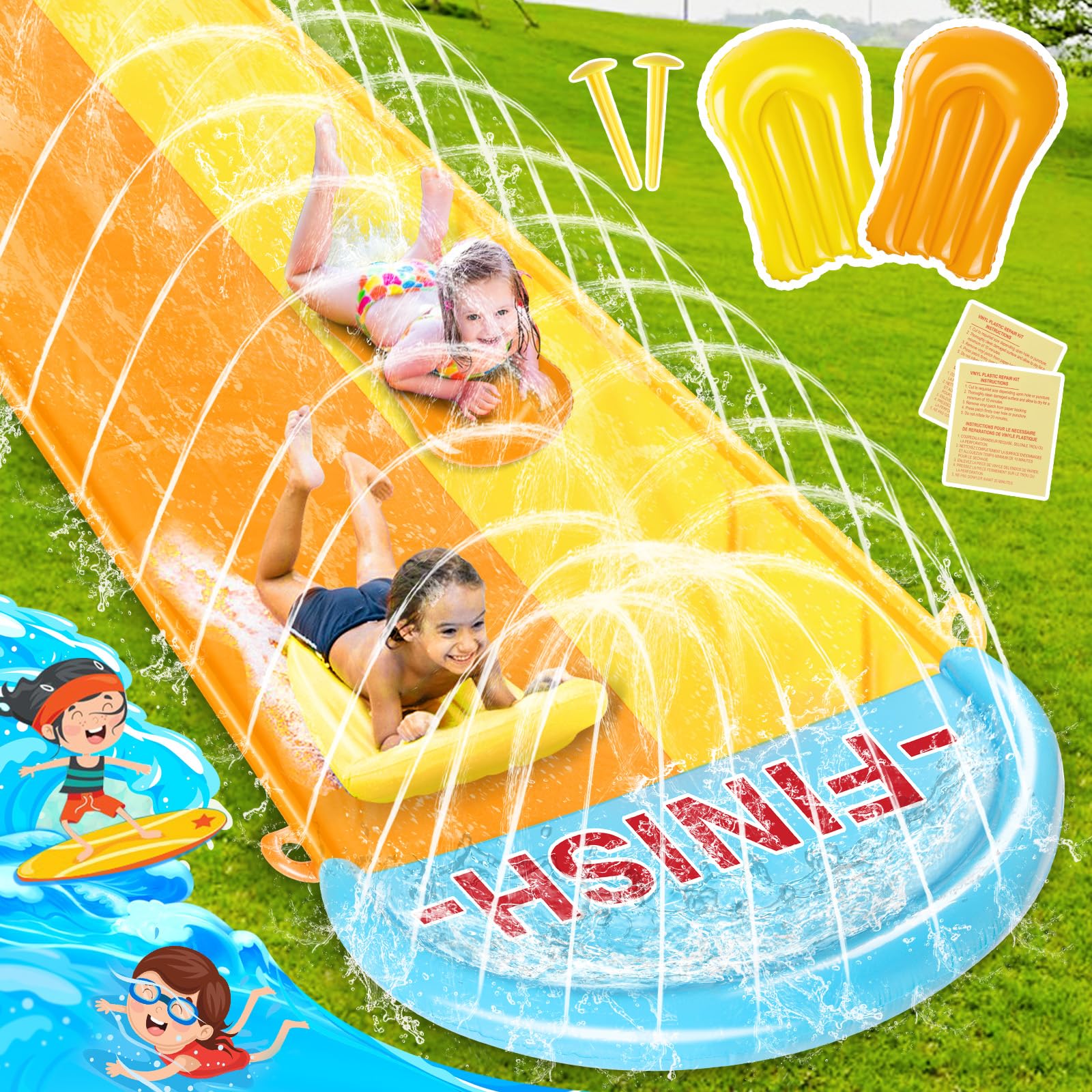 Sloosh Toboggan Aquatique Triple 22,5ft X 84in Avec Vagues - 3 Bodyboards - Arroseurs - Idéal Été Jardin