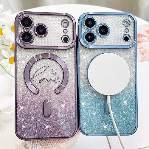 Vista 349 de Fiyart - Funda transparente magnética con purpurina para iPhone 12 para mujeres, con grabado "Love" metálico, protección para cámara y antigolpes