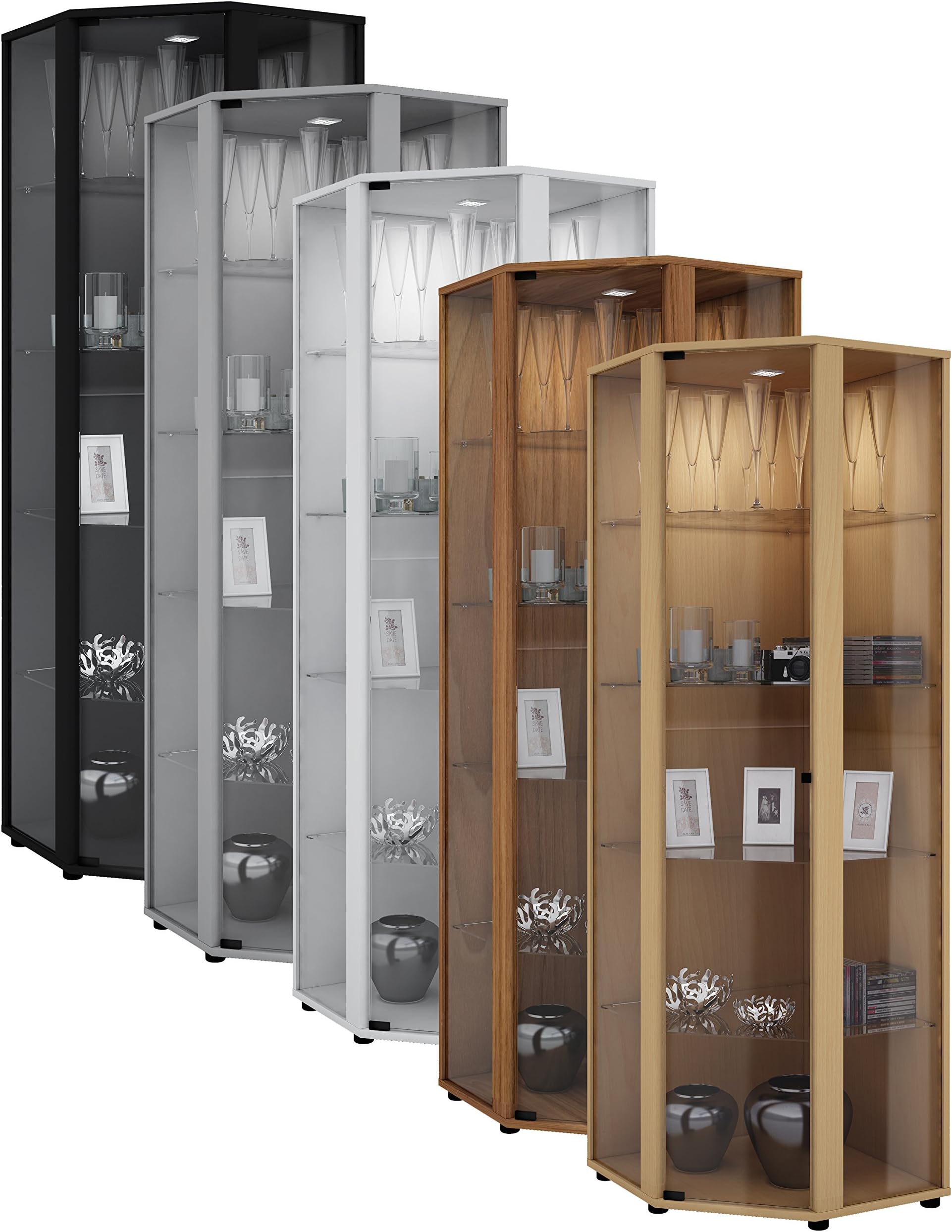 VCM Corner Display Cabinet Venedig,Core Walnut, Wood Structure Replica, L. 175 x W. 56,5 x D. 56,5 cm
