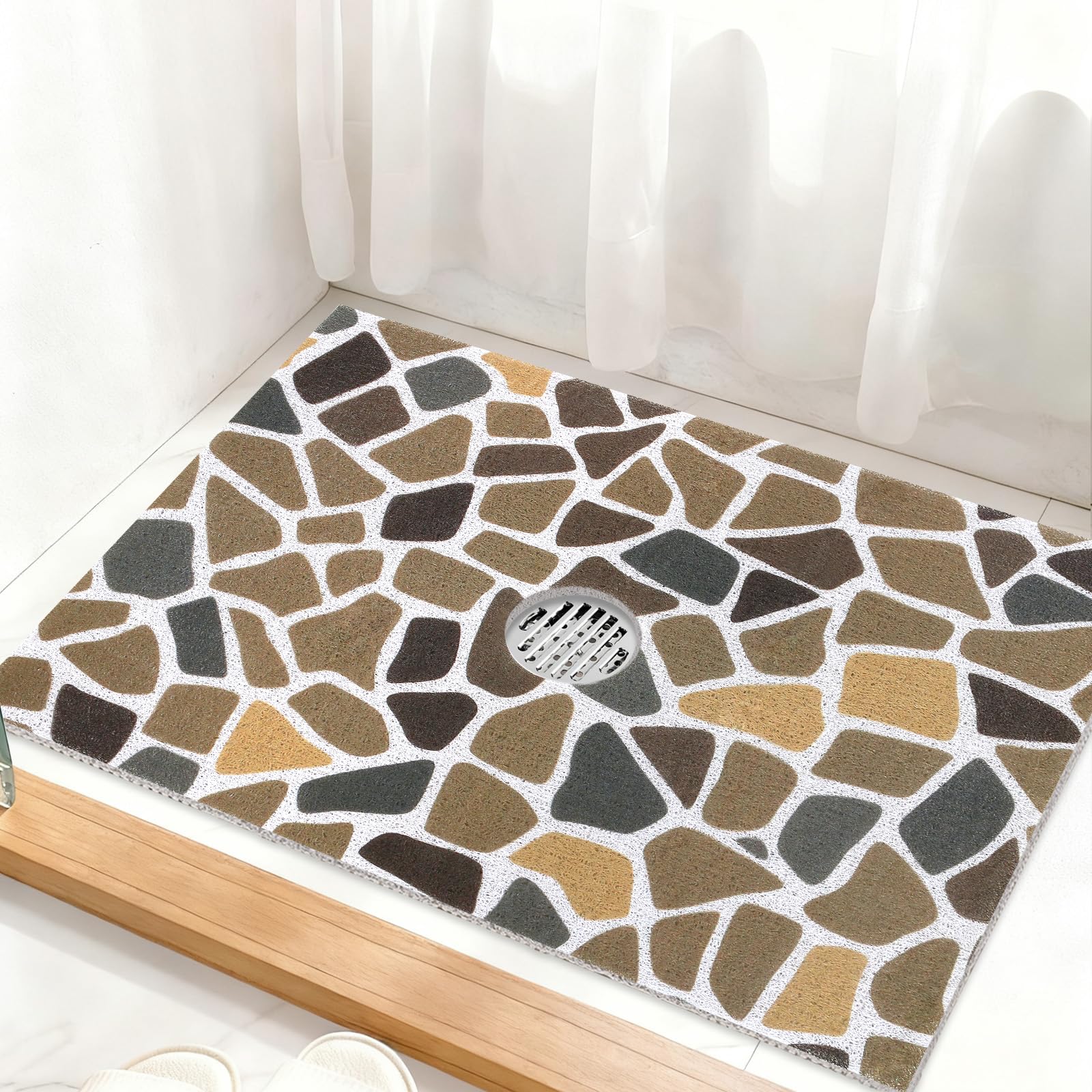 Square Shower Mat Non Slip: 32 x 24 Inch Extra Large Shower Mats with Drain Hole in Middle - PVC Loofah Anti Slip Shower Floor Matt for Inside Shower