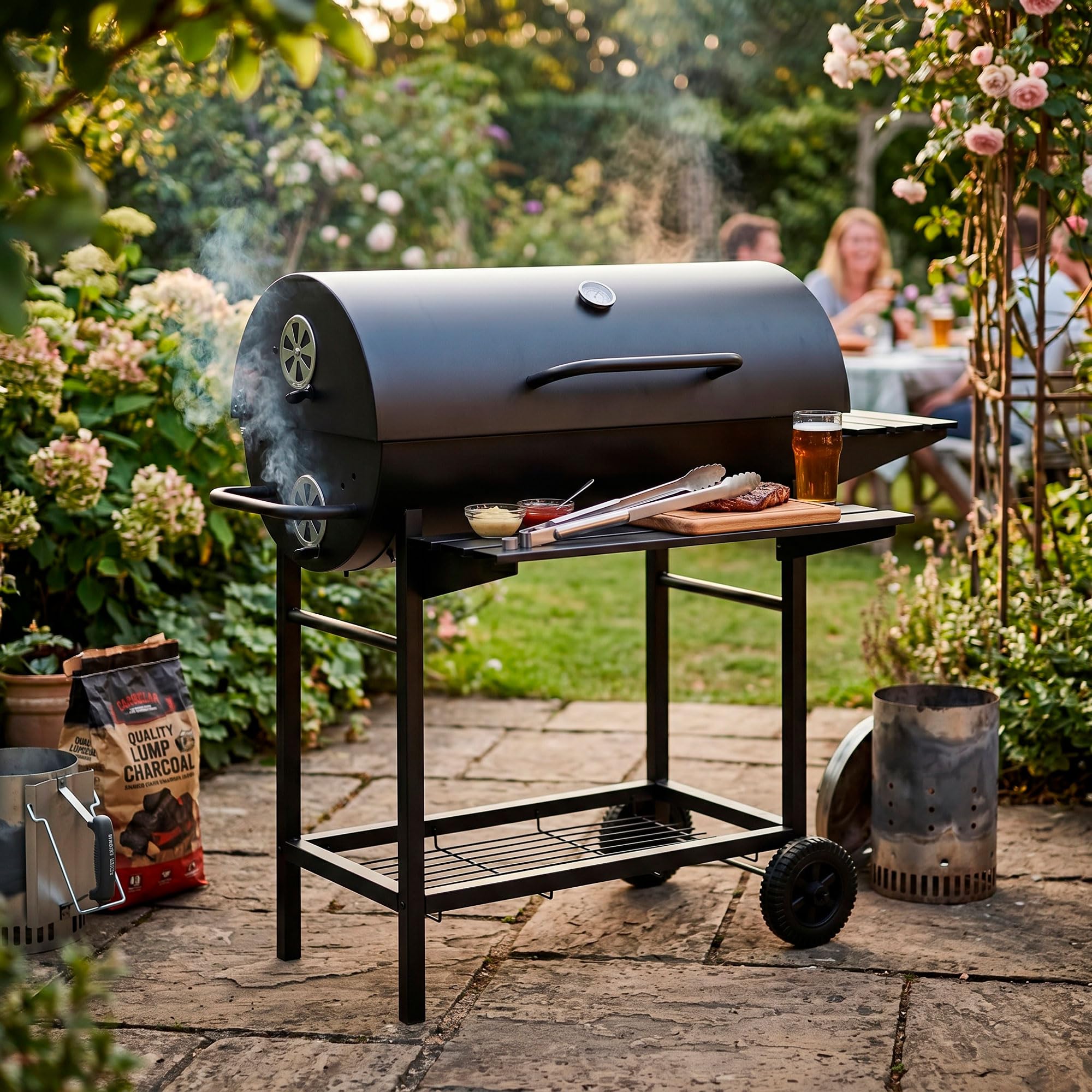 Springos Grill na węgiel drzewny, grill na kółkach z kółkami, z regulacją wysokości, misa węglowa, termometr, ruszt do podgrzewania, półki boczne, BBQ Smoker, grill ogrodowy na taras, kemping, balkon