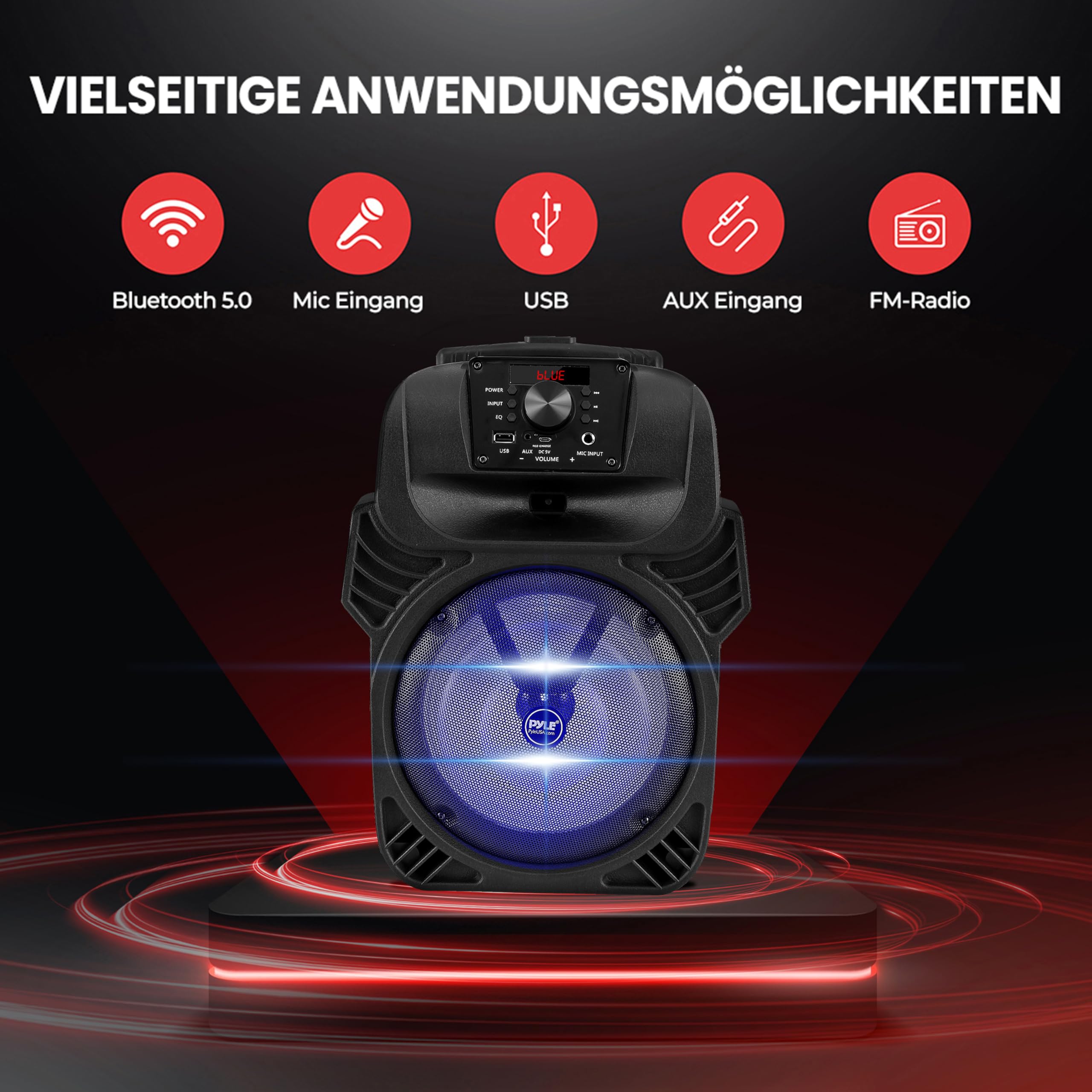 Pyle PA Lautsprecher Bluetooth 400W 8" Subwoofer 4 Ohm 55-20kHz USB MP3 FM-Radio LED Party Lichter Akku Fernbedienung