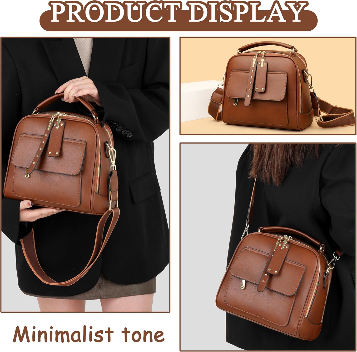 Ladies Shoulder Purses With Double Zipper Closure Handbags With Adjustable Strap