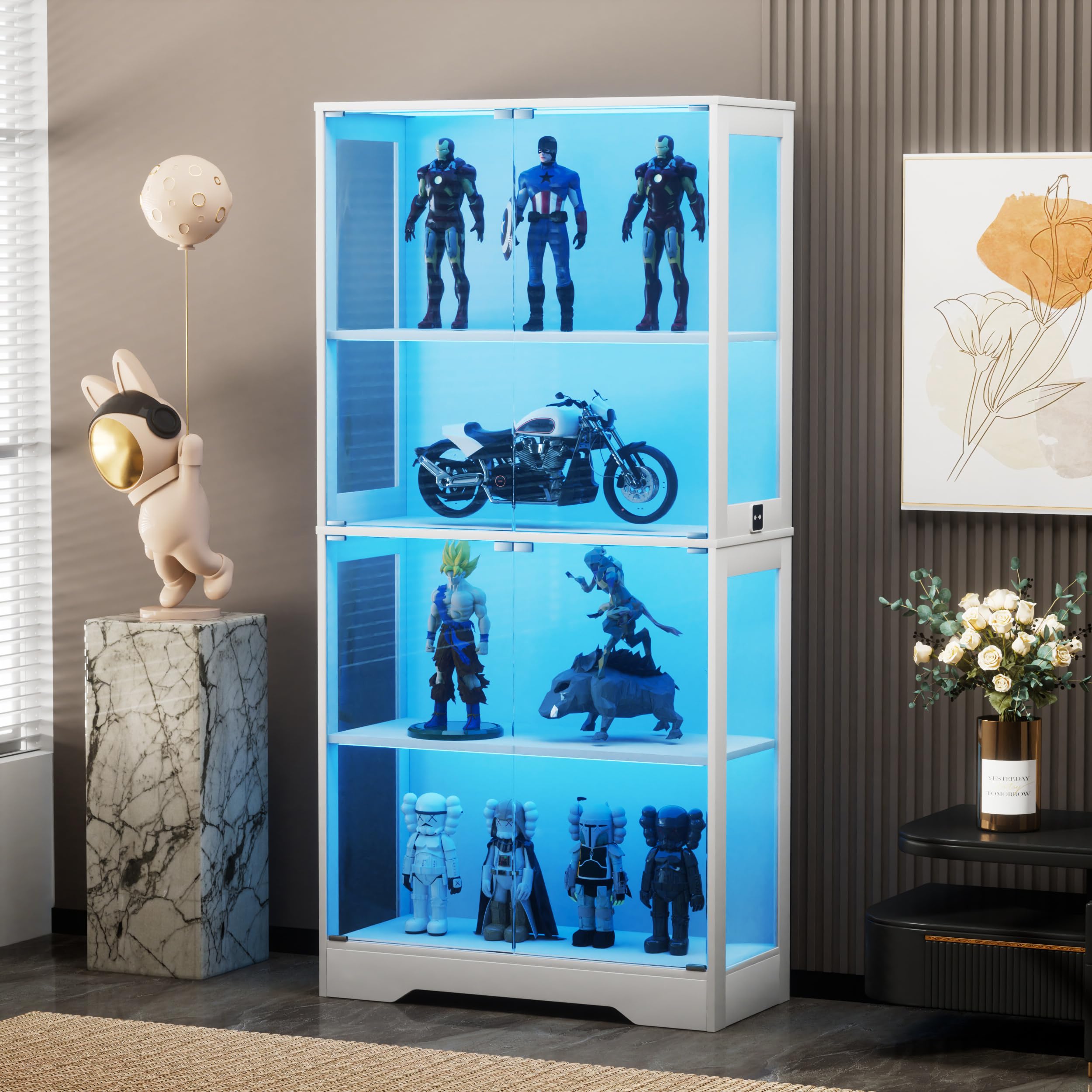 STAPERFO Vetrina in vetro con illuminazione a LED e sensore di movimento, 80 x 35 x 165 cm, bianco, vetrina a quattro piani con ante in vetro, vetrina in vetro antipolvere per soggiorno, vetrina per