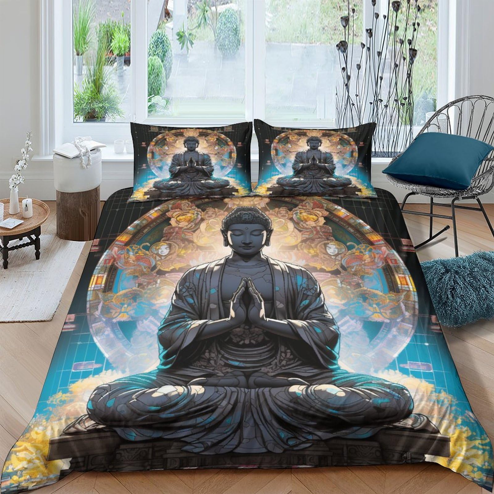 Parure de lit Bouddha Lotus 3D housse de couette 200x200cm avec 2 taies d'oreiller